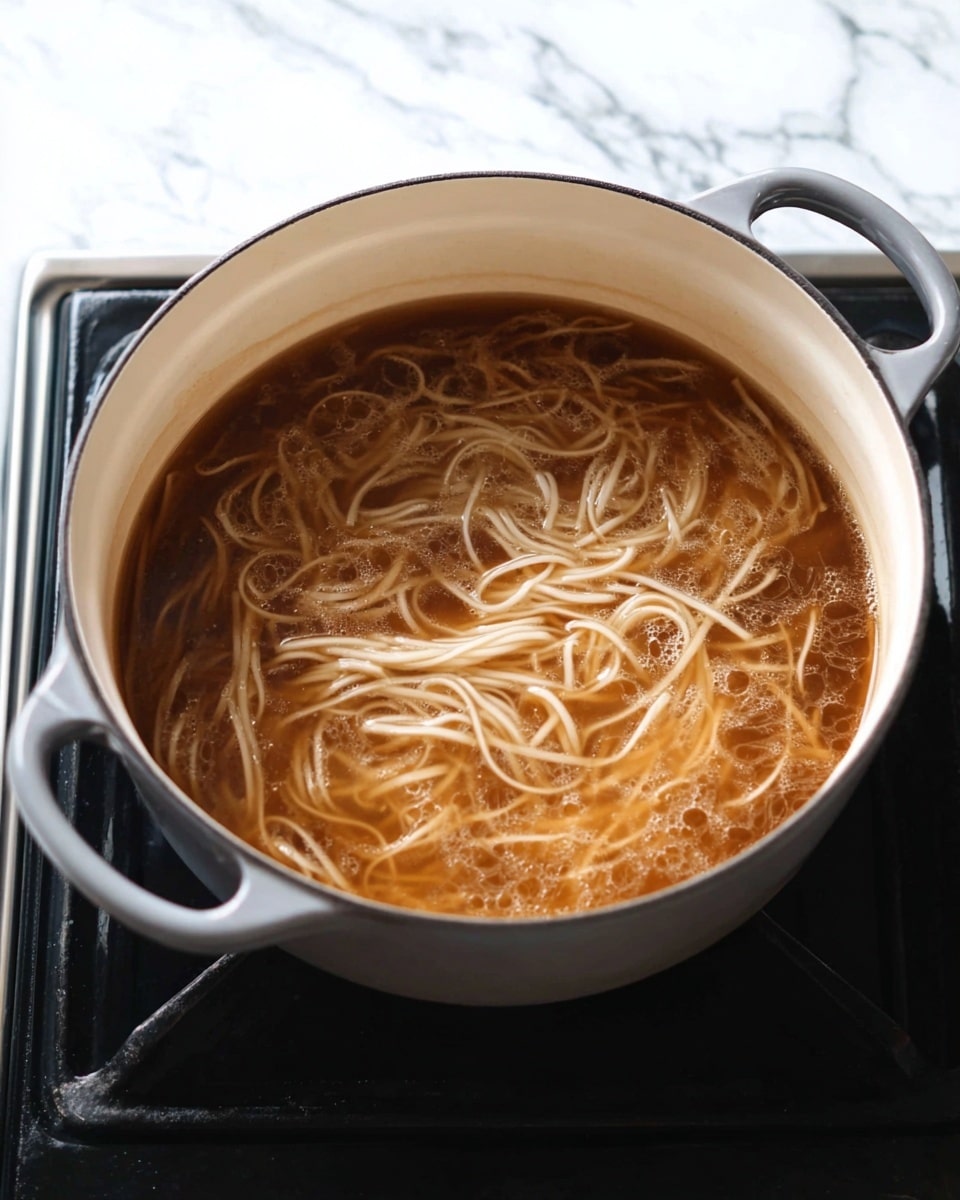 A large gray pot with white inside sits on a black stove. Inside the pot, there are light brown broth and white noodles cooking in it. The noodles are long and thin, floating and slightly swirled in the broth. The background is a white marbled texture. photo taken with an iphone --ar 4:5 --v 7