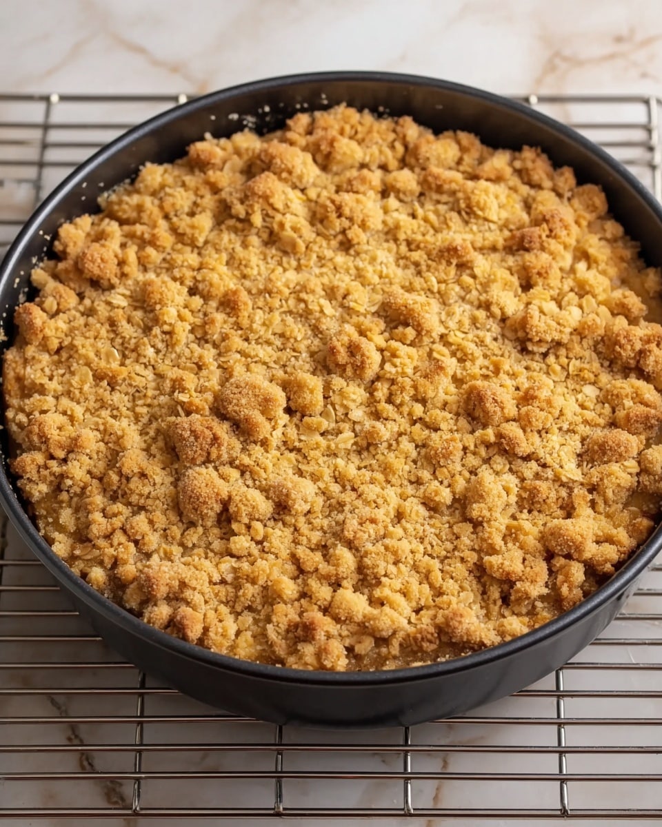 The image shows a round black springform pan filled with a crumbly dessert that has a golden-brown topping made of oats and small clumps of crumb mix. The crumb topping covers the entire surface and looks baked to a crisp texture with a mix of small and medium-sized clusters. The pan sits on a cooling rack, and the background has a white marbled texture. Photo taken with an iphone --ar 4:5 --v 7