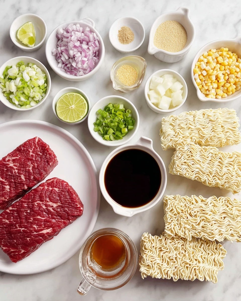 The image shows many ingredients placed on a white marbled surface. On the left side, there is a white plate with two pieces of raw red meat, with visible fat lines. Around it, there are multiple small white bowls and cups filled with different items: chopped purple onions, a light yellow powder, light brown liquid, lime wedges, baby corn pieces, chopped green onions, small chopped ginger pieces, sliced white garlic cloves, a small bowl with reddish sauce, a large bowl with dark brown liquid, a small cup with light brown liquid, and a clear glass cup with dark liquid. Lastly, four blocks of uncooked pale yellow instant noodles are on the right side. The setup is clean and neatly arranged. photo taken with an iphone --ar 4:5 --v 7