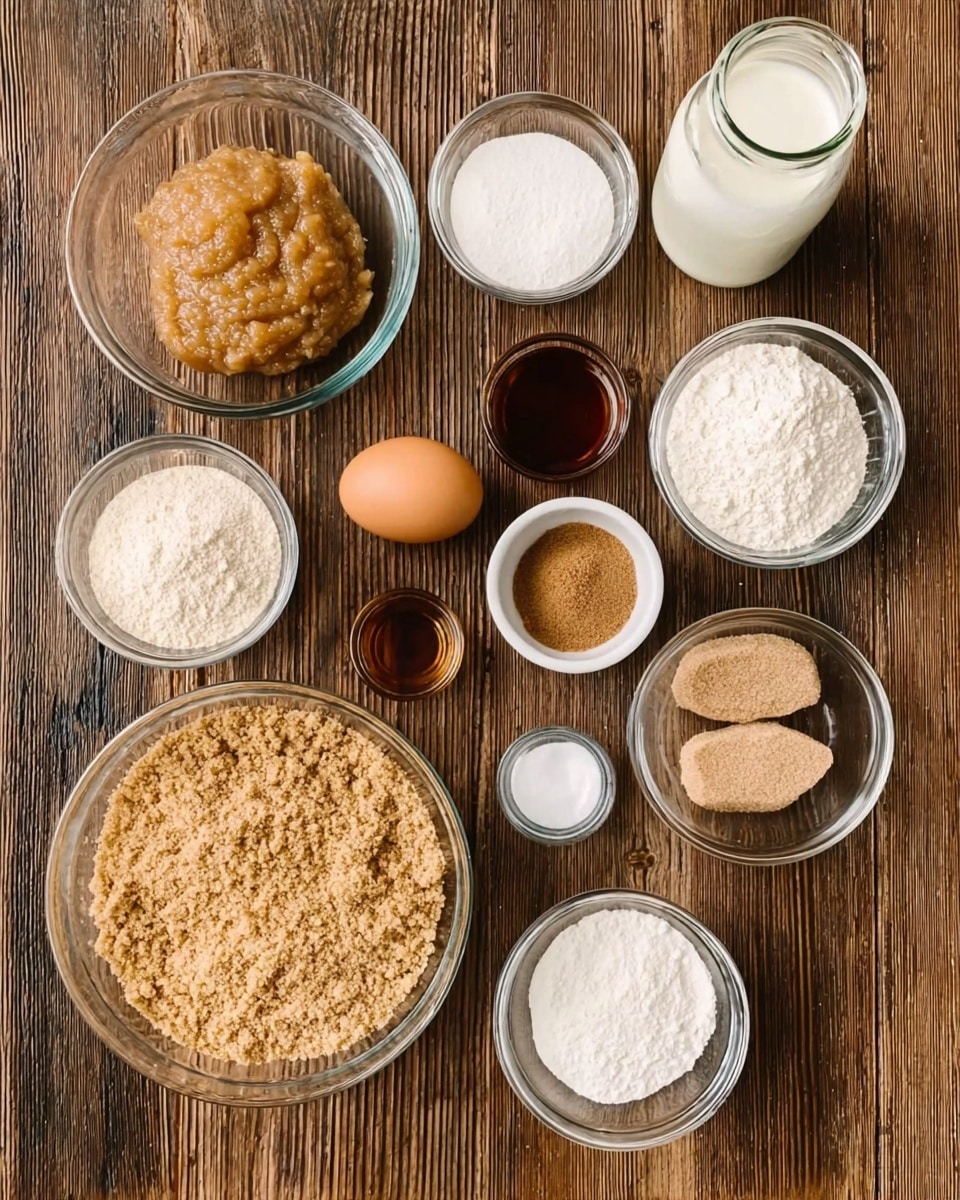 The image shows various baking ingredients arranged neatly on a wooden surface. There are ten items in total: a large clear glass bowl filled with a light brown crumbly mixture placed near the bottom left, a medium clear glass bowl with two scoops of brown sugar to the right, and a single brown egg positioned in the center. Surrounding these are smaller clear bowls and white ramekins holding white flour, brown sugar, baking powder, vanilla extract, salt, baking soda, and a beige wet mixture that appears to be applesauce at the top left. A glass jar filled with white milk is near the top right. The white marbled texture can be imagined replacing the wooden surface for the description. photo taken with an iphone --ar 4:5 --v 7