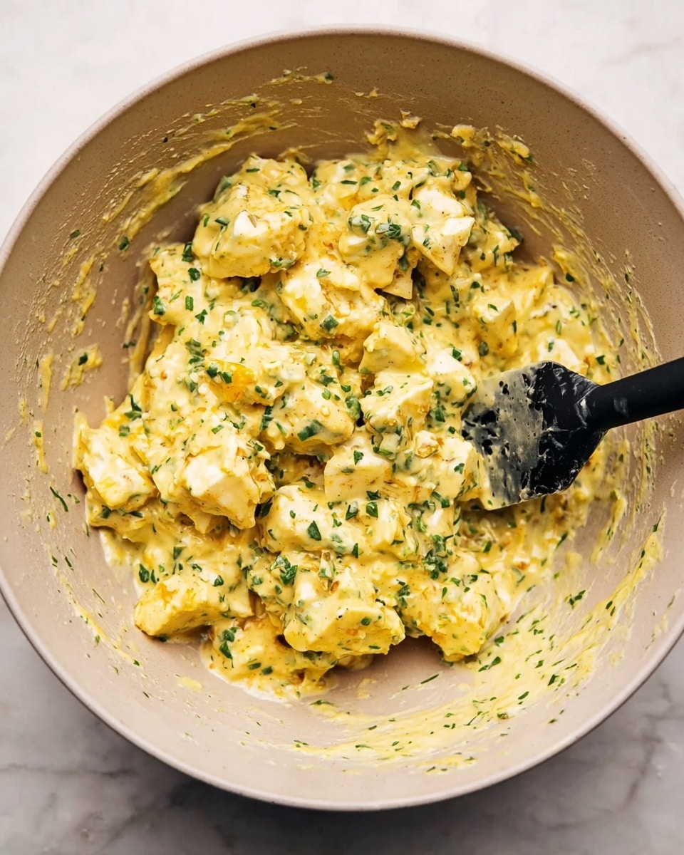 A close-up image of a large beige mixing bowl filled with a creamy mixture consisting of chopped white pieces coated in a rich yellow sauce with green herbs scattered throughout. The texture looks thick and slightly chunky with small bits evenly distributed. A black spatula with some sauce on it rests inside the bowl on the right side, showing the creamy consistency against the bowl’s interior. The background is changed to a white marbled texture. photo taken with an iphone --ar 4:5 --v 7