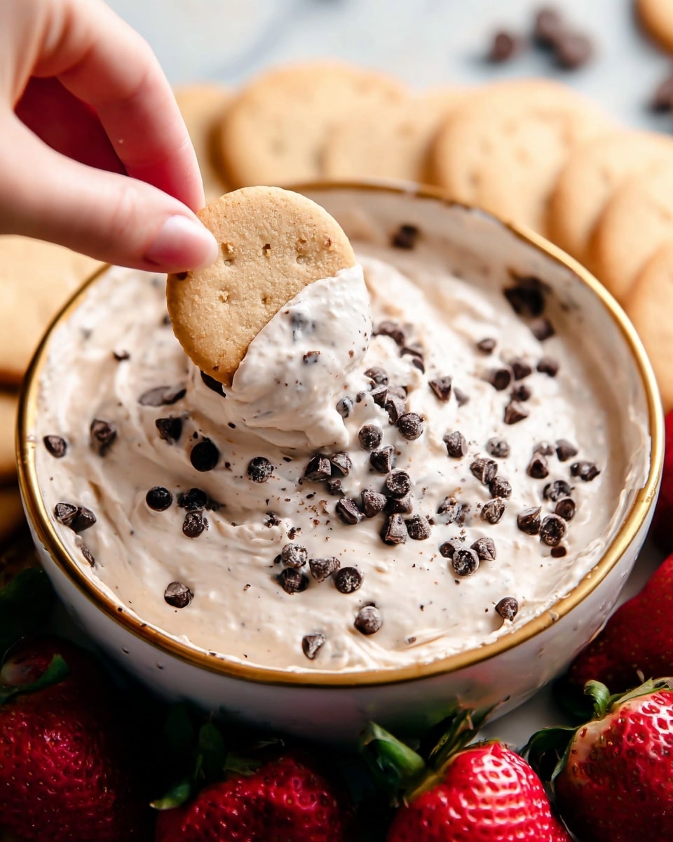 A close-up of a white bowl filled with creamy dip mixed with small, dark chocolate chips. The dip has a smooth, thick texture with chips spread evenly inside. A woman's hand is dipping a small, round, beige cookie into the creamy dip, partially covered by it. Around the bowl, fresh red strawberries and more beige cookies are visible, all placed on a white marbled surface. The bowl has a thin golden rim, making the creamy texture and colors stand out. Photo taken with an iphone --ar 4:5 --v 7