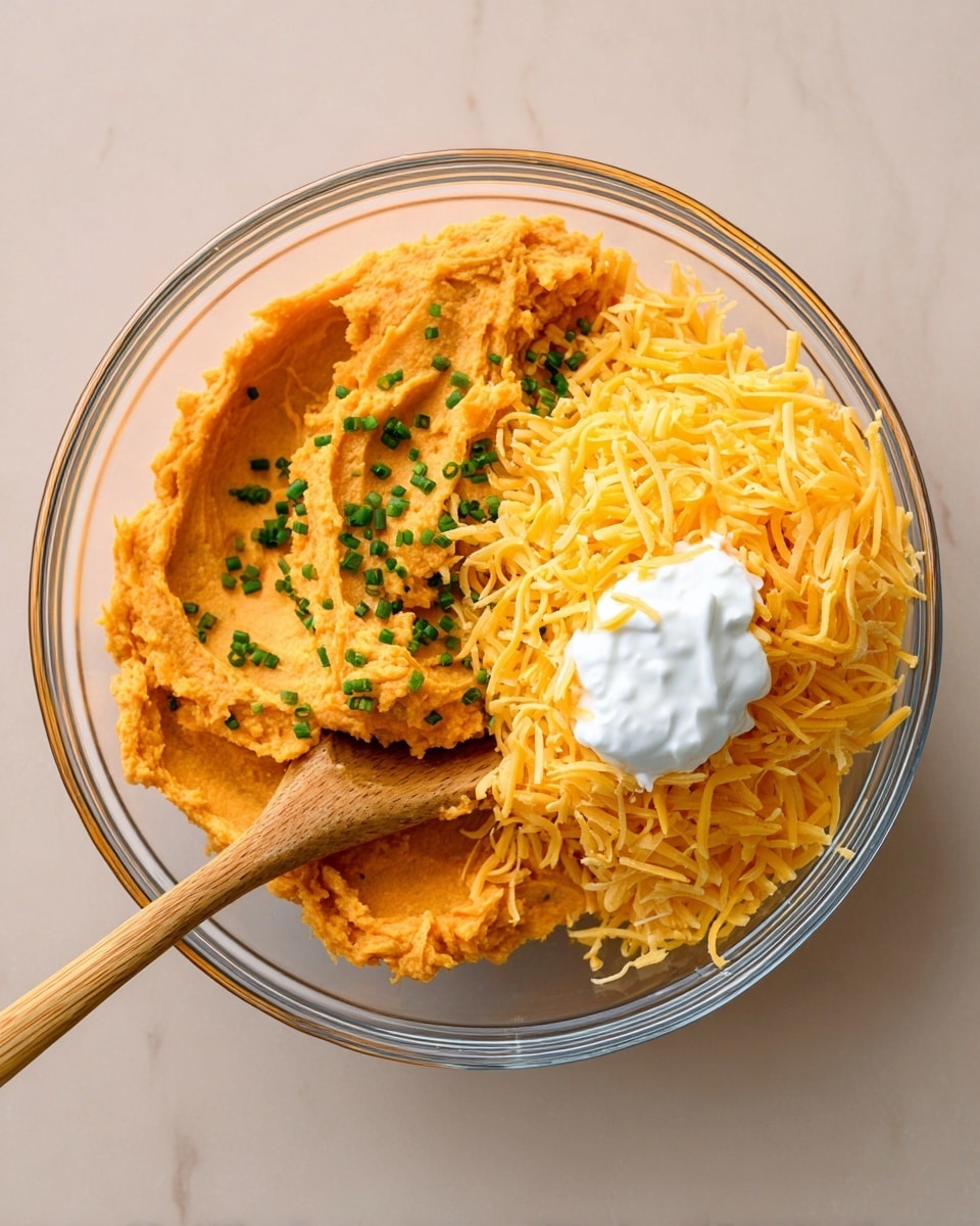 In a clear glass bowl, there is a mix showing three main layers: on the left is a smooth, bright orange mashed layer topped with scattered small green chive pieces; on the right is a thick pile of shredded yellow cheddar cheese, and above the cheese is a dollop of white sour cream. A wooden spoon rests inside the bowl on the left side, blending slightly into the orange mash. The bowl sits on a white marbled surface. photo taken with an iphone --ar 4:5 --v 7
