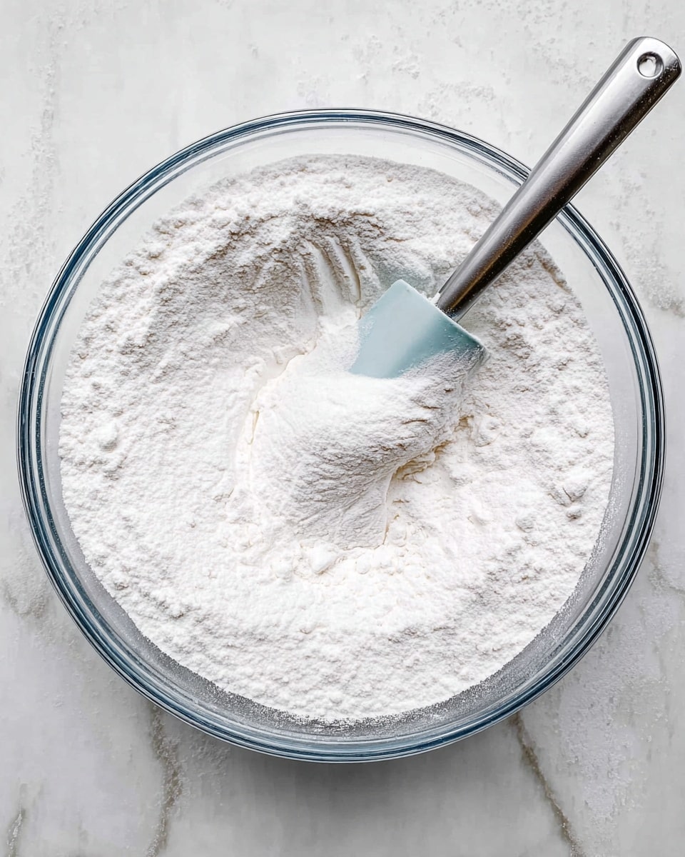 A clear glass bowl filled with a thick white powdery mixture that looks like flour or powdered sugar, with a smooth and slightly fluffy texture on the top layer. A spatula with a long silver handle and a light blue silicone head is partially submerged in the center, creating a small indentation in the powder. The bowl rests on a white marbled surface, giving a clean and bright look to the image. photo taken with an iphone --ar 4:5 --v 7