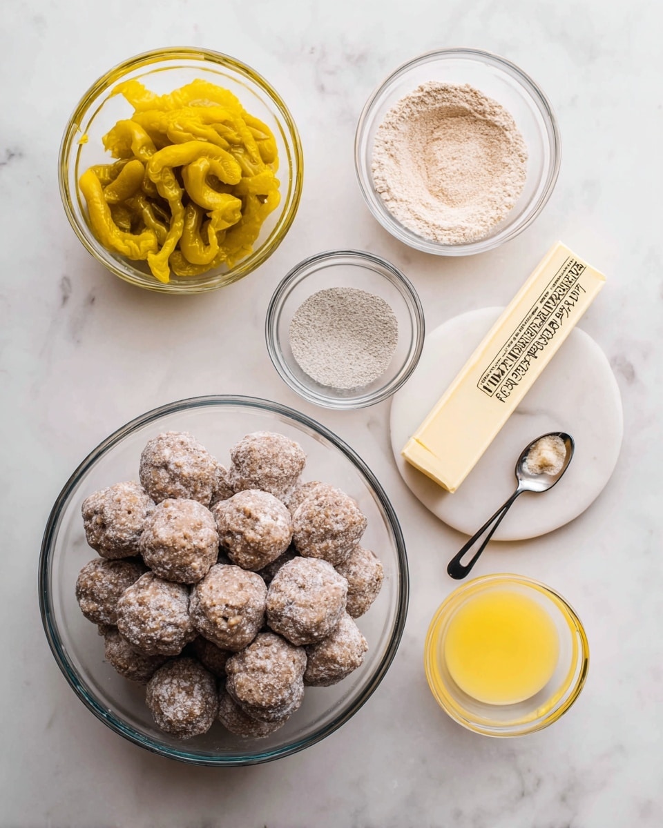 The image shows six glass bowls and a stick of butter placed on a white marbled surface. The largest bowl at the bottom center is full of round, brownish meatballs with a light dusting of flour on them. Above and to the left is a small glass bowl filled with bright yellow pickled peppers with stems. Next to it, a glass bowl holds a light grayish powder, while above that, another bowl contains a light brown powder. To the right, a bowl with a yellowish liquid is placed. Near the center right is a stick of salted sweet cream butter, unwrapped and positioned horizontally. A small spoon with a black handle rests inside the bowl of gray powder. Photo taken with an iphone --ar 4:5 --v 7