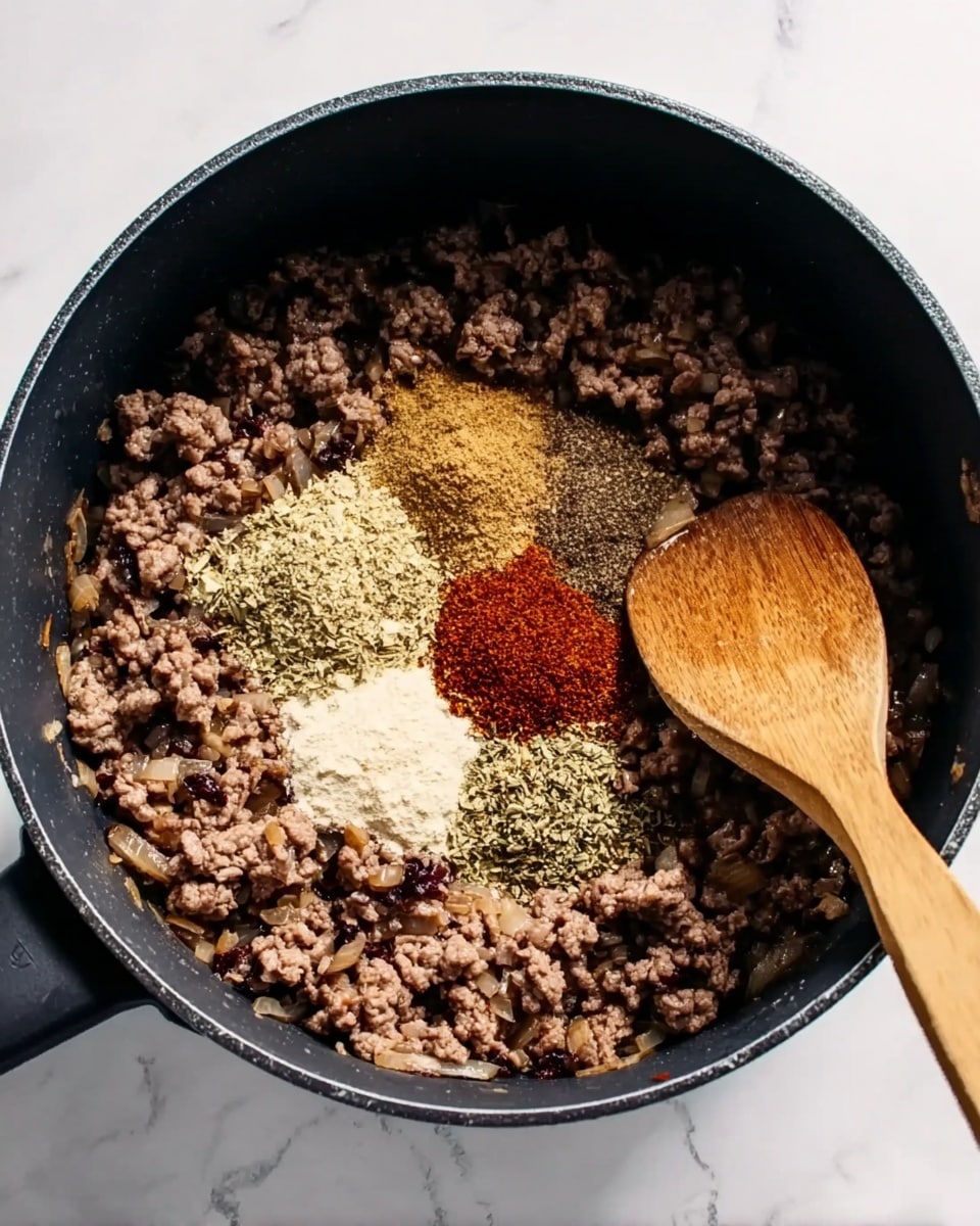 Inside a black pot, there is one layer of cooked ground meat mixed with finely chopped cooked onions, showing a dark brown and light brown texture. On top of this mixture, there are five small piles of spices, each with a different color: light brown, dark red, white, yellow-green, and pale beige. A wooden spoon rests on the right side of the pot, with its handle pointing outward. The pot is placed on a white marbled surface. photo taken with an iphone --ar 4:5 --v 7
