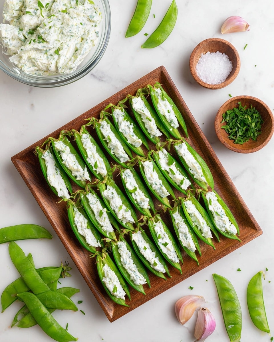 A wooden square tray holds three neat rows of fresh green snap peas, each sliced open lengthwise and filled with a creamy white mixture speckled with small green herbs. The snap peas are bright green with a smooth, shiny texture, and the creamy filling is thick with a slightly chunky appearance. Scattered on and around the tray are loose snap peas, three garlic cloves with pinkish skin, a small wooden bowl of coarse salt, and another small wooden bowl filled with chopped fresh green herbs. In the top left corner, a clear glass bowl contains more of the creamy white mixture with green flecks, all placed on a white marbled surface. Photo taken with an iphone --ar 4:5 --v 7