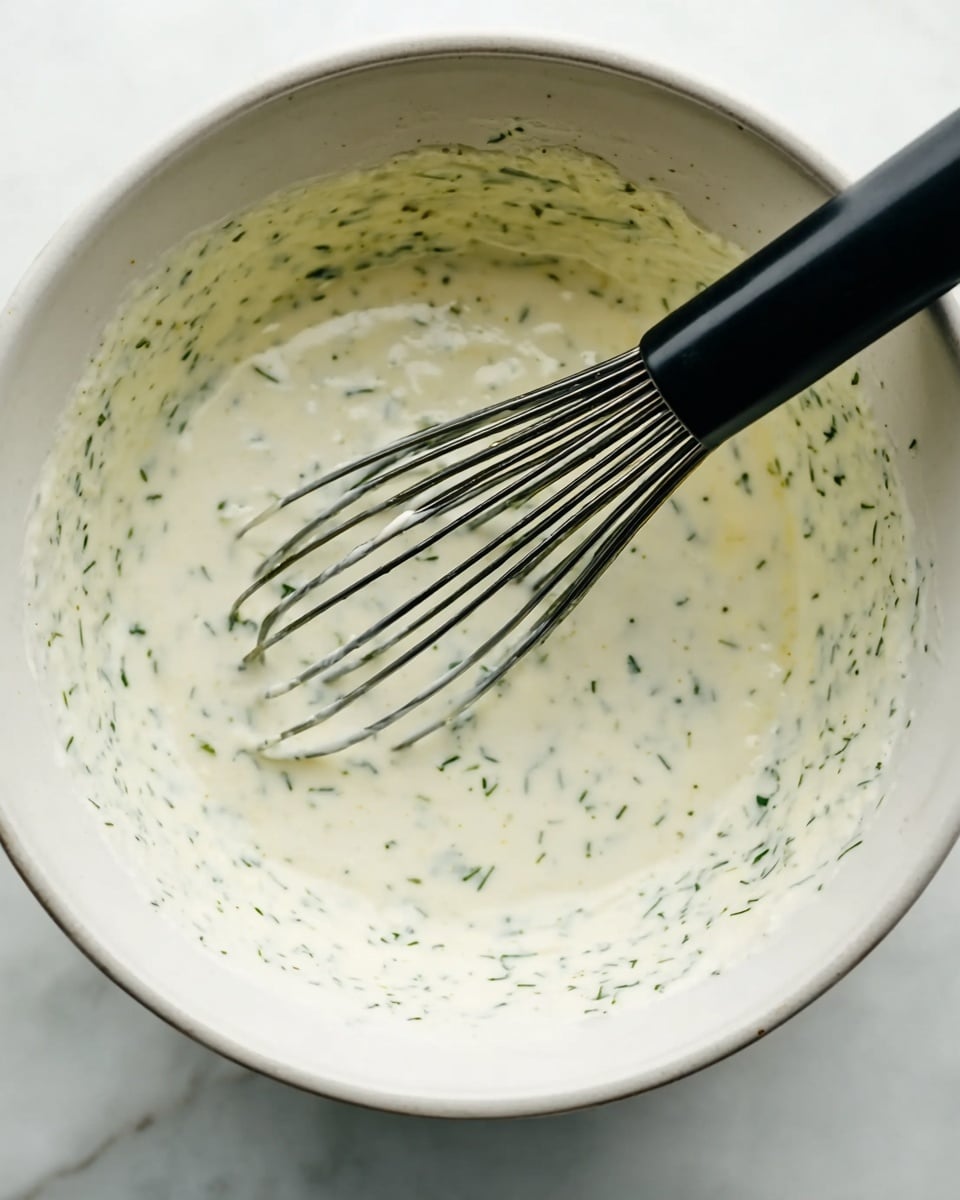 Inside a white ceramic bowl with a smooth texture, there is a creamy white sauce mixed with tiny green herb bits, giving it a speckled look. A black whisk with a sleek handle is resting in the sauce, slightly lifting it with some sauce clinging to its wires. The background is a white marbled surface that adds a soft contrast to the bowl. The sauce looks thick and evenly mixed, with small green flecks spread throughout. photo taken with an iphone --ar 4:5 --v 7