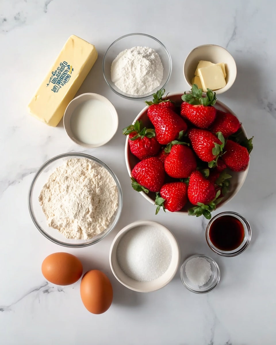 A flat lay of cooking ingredients on a white marbled surface: in the center, a white bowl filled with bright red strawberries with green leaves on top, surrounded by small white bowls holding white flour, white granulated sugar, and milk. There is a stick of butter wrapped in light yellow paper with blue writing on the left side, and two brown eggs placed near the bottom left. Small glass bowls with white powder, dark liquid (vanilla extract), and salt are arranged on the right side near the bottom. photo taken with an iphone --ar 4:5 --v 7