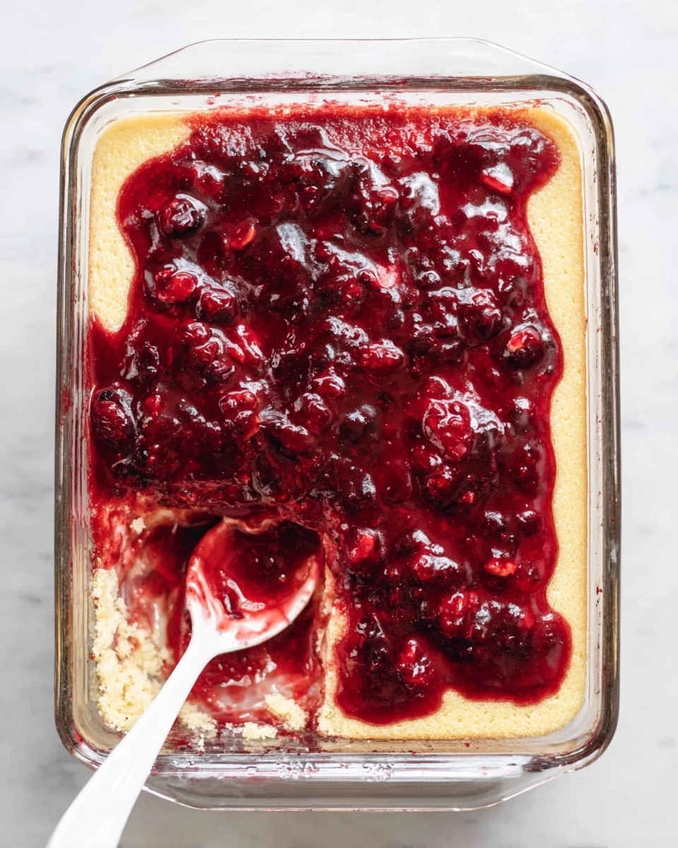 A clear rectangular glass baking dish shows two visible layers of dessert on a white marbled surface. The bottom layer is a pale yellow cake-like base with a soft and spongy texture. The top layer is a thick, glossy, deep red berry sauce with mixed whole and crushed berries, spread unevenly across the top, leaving some of the cake exposed in the bottom left corner. A white spoon with some sauce on it lies inside the dish near the bottom right corner, partially resting on the sauce. Photo taken with an iphone --ar 4:5 --v 7