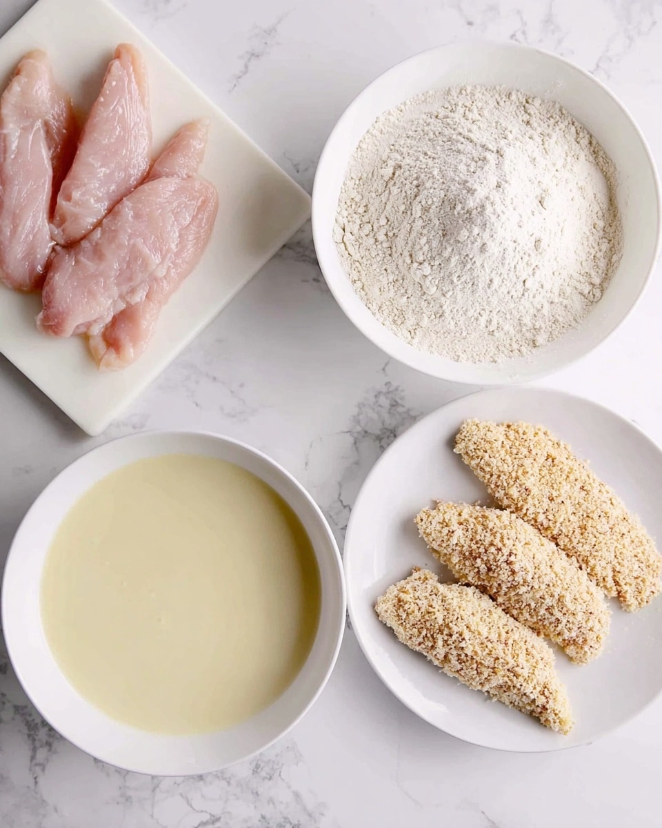 The image shows four different stages of preparing chicken strips on a white marbled surface. On the top left, there are raw pink chicken strips placed on a white cutting board. To the right, a white bowl is filled with flour, light beige in color and powdery in texture. Below it, there is another white bowl containing a smooth, pale yellow liquid mixture. On the bottom right, five chicken strips are coated with a grainy, light flour and breadcrumb mixture, resting on a white plate. The layers move from raw chicken to flour dipping, then liquid coating, and finally to the crumb-covered strips. Photo taken with an iphone --ar 4:5 --v 7