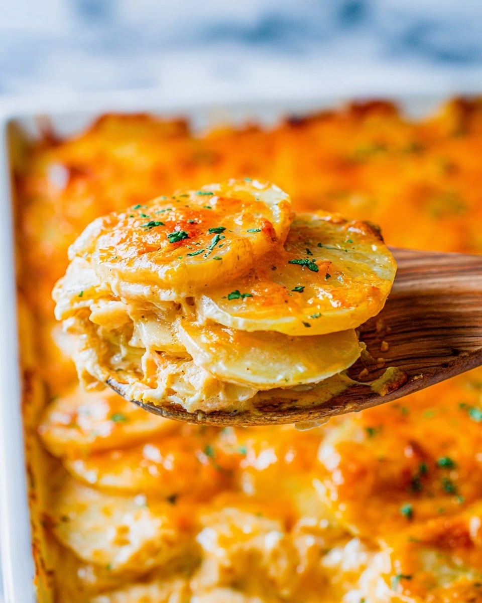 This image shows a close-up of a wooden spoon lifting a portion of a baked dish made of thin, round slices of potatoes layered at least three high. The potato slices appear soft and creamy with a yellow-orange tint from melted cheese on top and between layers, giving a smooth, slightly bubbly texture. Small green herb bits are sprinkled across the top layer, adding a touch of color. The rest of the dish fills a white tray in the blurry background, showing a thick, cheesy topping that looks rich and slightly browned in some spots. The whole scene is set on a white marbled surface. Photo taken with an iphone --ar 4:5 --v 7