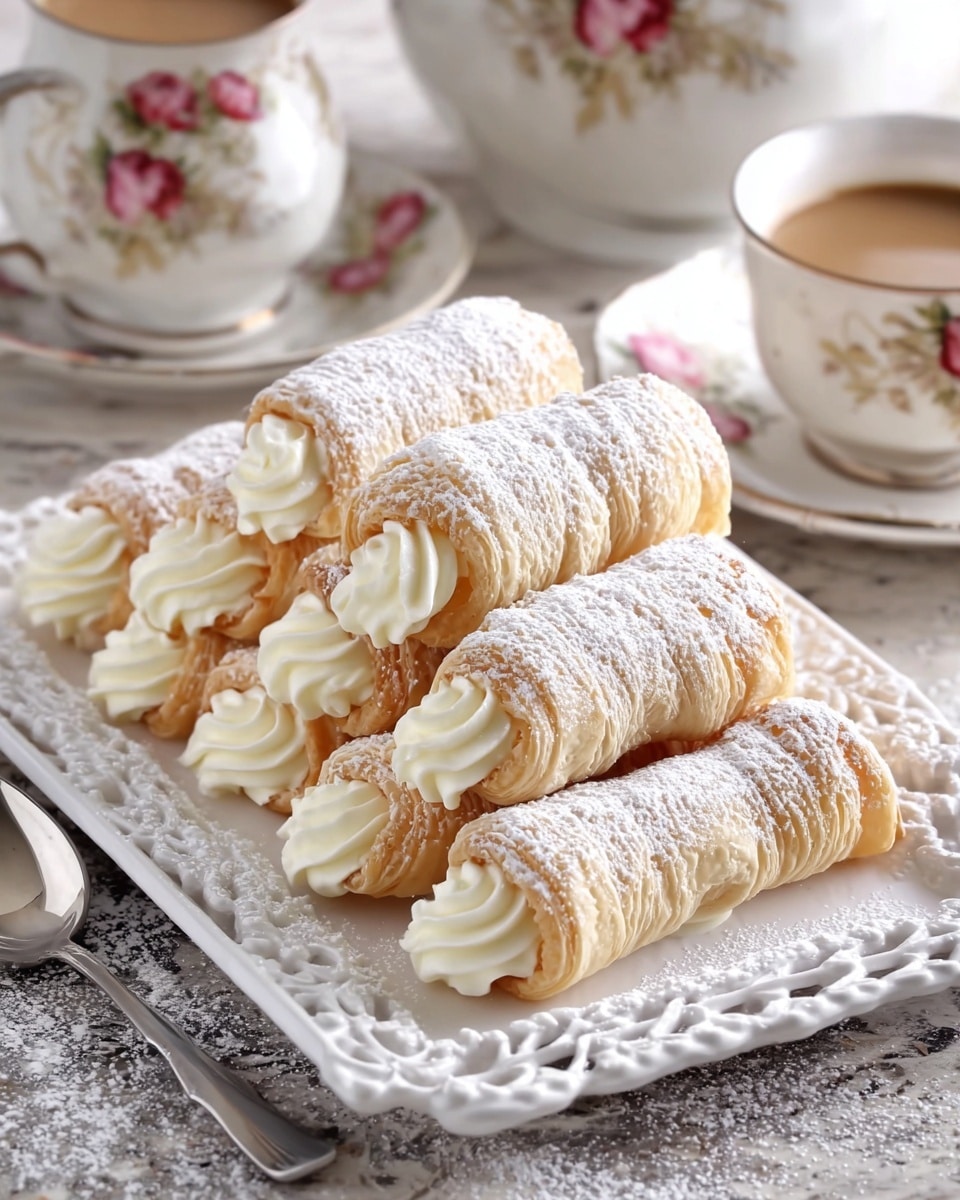 A white ornate tray holds three layers of light golden puff pastry rolls filled with white creamy filling that swirls out at each end. The rolls are dusted with fine white powdered sugar, adding a soft snowy texture on top. The tray sits on a white marbled surface with a silver spoon and a cup of light brown coffee placed nearby. In the background, a teapot and a floral white teacup with a matching saucer are softly blurred. The photo taken with an iphone --ar 4:5 --v 7