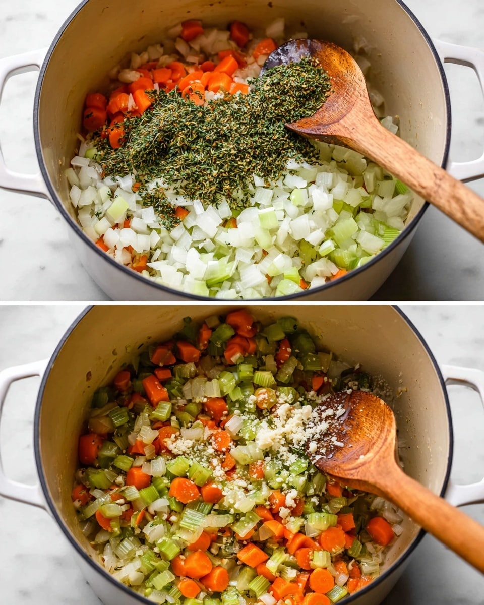 The image shows two photos stacked vertically, both featuring a white pot on a white marbled surface. In the top photo, the pot holds three visible layers: a base layer of chopped white onions, bright orange carrot slices, and light green celery pieces, sprinkled with a layer of dried green herbs on top. A wooden spoon with a long handle rests inside the pot, partially covered by the vegetables. In the bottom photo, the same pot contains a sautéed mix of the chopped carrots, celery, and onions, now softer and slightly browned with a few pieces of minced garlic added on top. The wooden spoon lies inside the pot, stirring the cooked vegetables. Photo taken with an iphone --ar 4:5 --v 7