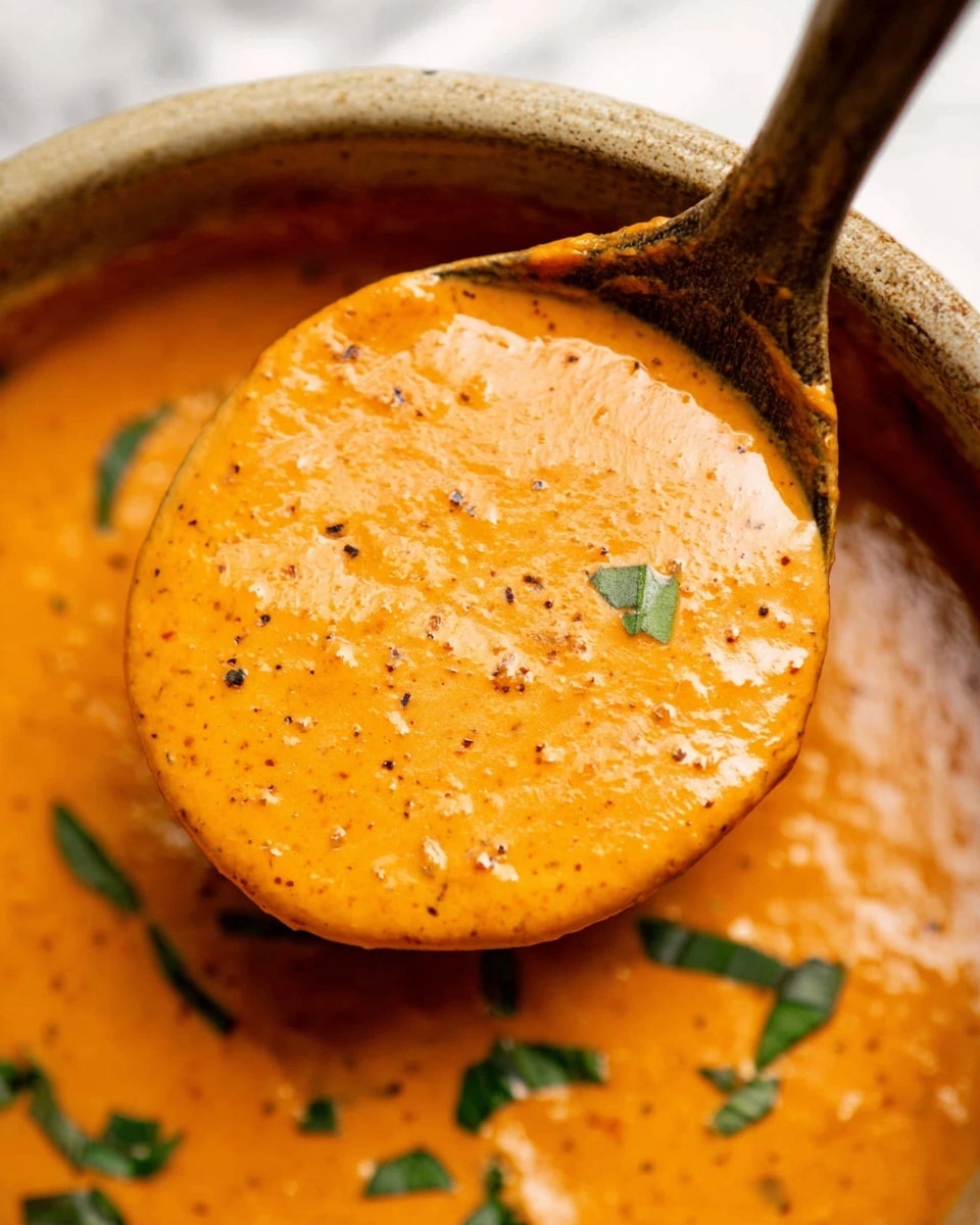 A close-up view shows a thick, creamy orange sauce with a smooth texture and small specks of seasoning. The sauce fills a rustic ladle that is being held, with some sauce overflowing gently at the edges. Small green herb pieces are scattered on top of the sauce and around the ladle, adding touches of bright green color. The background is a white marbled texture. Photo taken with an iphone --ar 4:5 --v 7