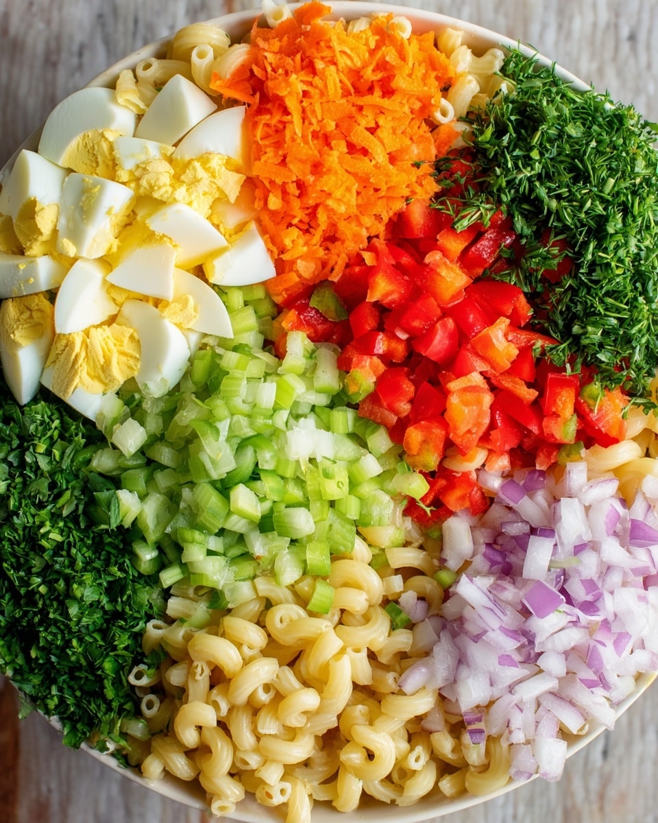The image shows a white bowl with many colorful ingredients arranged in sections. There is a bottom layer of light beige elbow macaroni pasta. Around the pasta, there are finely chopped bright green celery, green bell pepper, pale yellow onion, and light purple onion pieces on the right side. Above the pasta, there are chopped bright red bell peppers, shredded orange carrots, and a bunch of dark green fresh herbs. On the left top side, there are chopped boiled eggs with white and yellow parts visible. A small part of chopped chives in dark green color is near the bottom left. The bowl is on a white marbled surface. photo taken with an iphone --ar 4:5 --v 7
