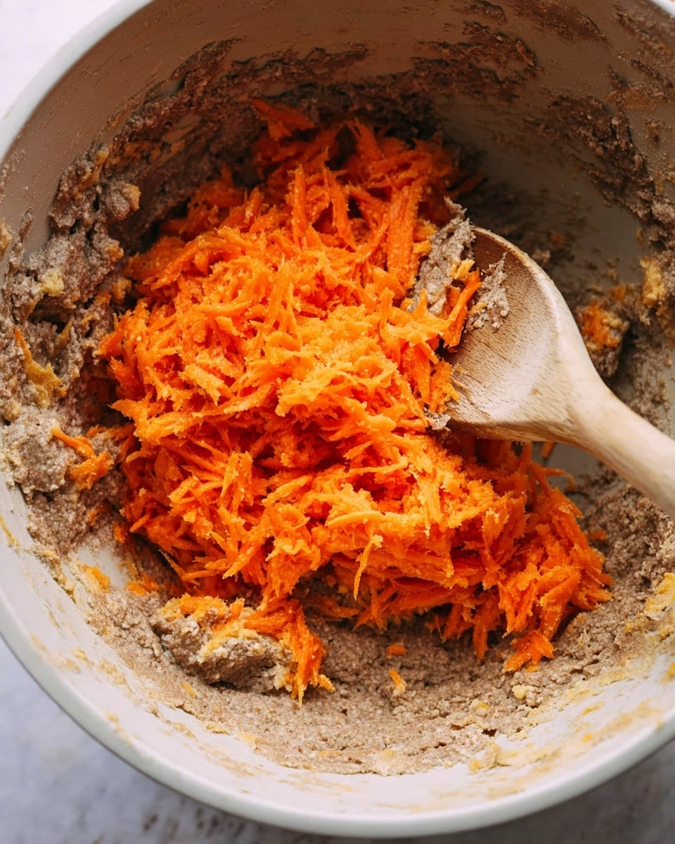 This image shows a close-up inside a white mixing bowl with a rough grayish batter layer forming the base. On top, bright orange shredded carrots are piled roughly in the middle. A wooden spoon with a light natural texture rests diagonally inside the bowl, partly covered by the carrot and batter mixture. The inside of the bowl has a slightly rough texture with some batter remnants stuck around the edges. The background is a white marbled texture. photo taken with an iphone --ar 4:5 --v 7