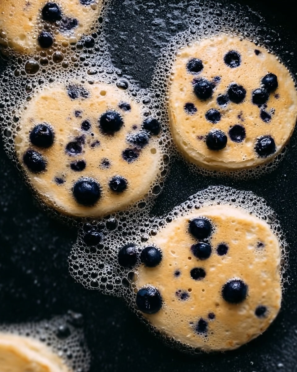 The image shows four round, pale cream-colored pancakes cooking on a black pan with small bubbles forming on the surface. Each pancake is covered with scattered dark purple blueberries that contrast well against the light batter. The pancakes have slightly uneven edges and bubbles within, showing they are in the cooking process. There is a thin layer of melted butter or oil around the pancakes, giving a slight shine to the pan. The image has a close-up view that focuses on the texture and color contrast between the batter and blueberries. Photo taken with an iphone --ar 4:5 --v 7