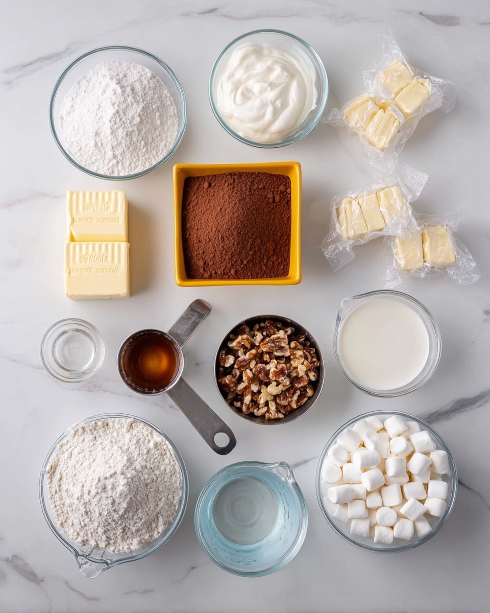 The image shows many ingredients placed neatly on a white marbled surface. There are thirteen items arranged in a loose grid. Starting from the top left, there is a large clear bowl filled with white powdered sugar. Below it, a silver wrapper with pieces of white butter sits next to a clear bowl filled with white sugar. Further below is another clear bowl with flour that looks soft and powdery. To its right, a small glass cup holds a yellow beaten egg mixture. Next to it is a clear measuring cup with water almost full. Above that, a small clear jar contains white salt. Next to it, a silver measuring spoon holds chopped pecans in red-brown and white pieces. Above the spoon, a square yellow bowl is filled with dark brown cocoa powder. Next to it sits a small glass bottle with a dark brown liquid, likely vanilla. Above is a glass jar labeled salt with a gold lid. To the right top corner, a clear measuring cup holds white milk. Below this, a silver wrapper holds pale yellow pieces of butter. Finally, the bottom right corner has a large clear bowl packed with many small white marshmallows. Everything is well spaced and lit clearly. photo taken with an iphone --ar 4:5 --v 7