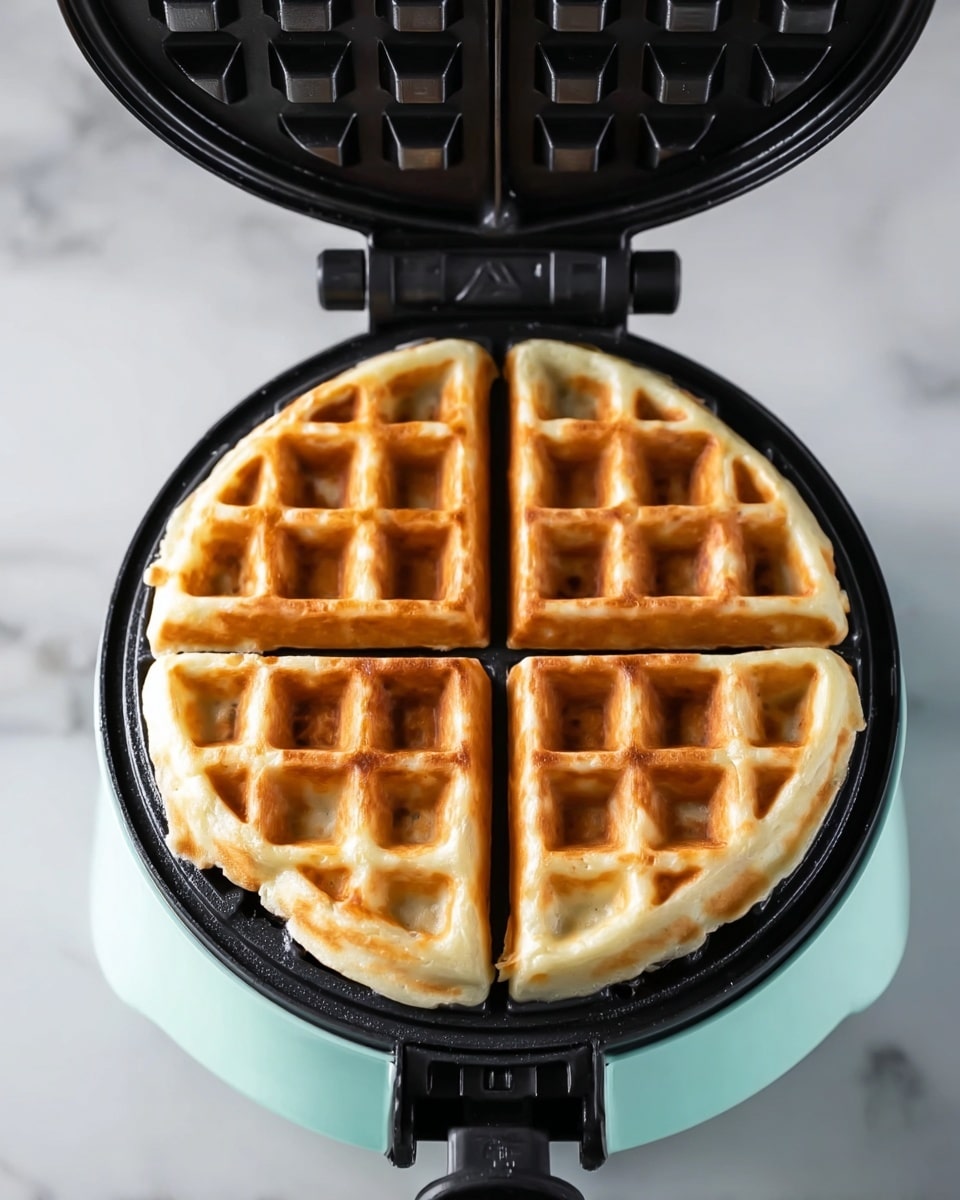 A round waffle with a golden brown color inside a black waffle iron, divided into four equal heart-shaped sections with a crispy grid texture on top. The waffle iron sits on a black base with a light turquoise edge around the cooking plate. Thin steam rises softly from the waffle, giving a warm fresh-cooked feeling. The background is a white marbled texture. photo taken with an iphone --ar 4:5 --v 7