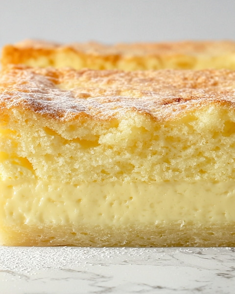 The image shows a close-up side view of a two-layer fluffy baked dish. The top layer is golden yellow with a light, airy, and crumbly texture that looks soft and slightly dry. The bottom layer is thicker, pale yellow, and creamy with a smooth, dense, and moist appearance. The two layers contrast in texture and color, clearly separated but fully connected. The dish sits on a white marbled surface. photo taken with an iphone --ar 4:5 --v 7