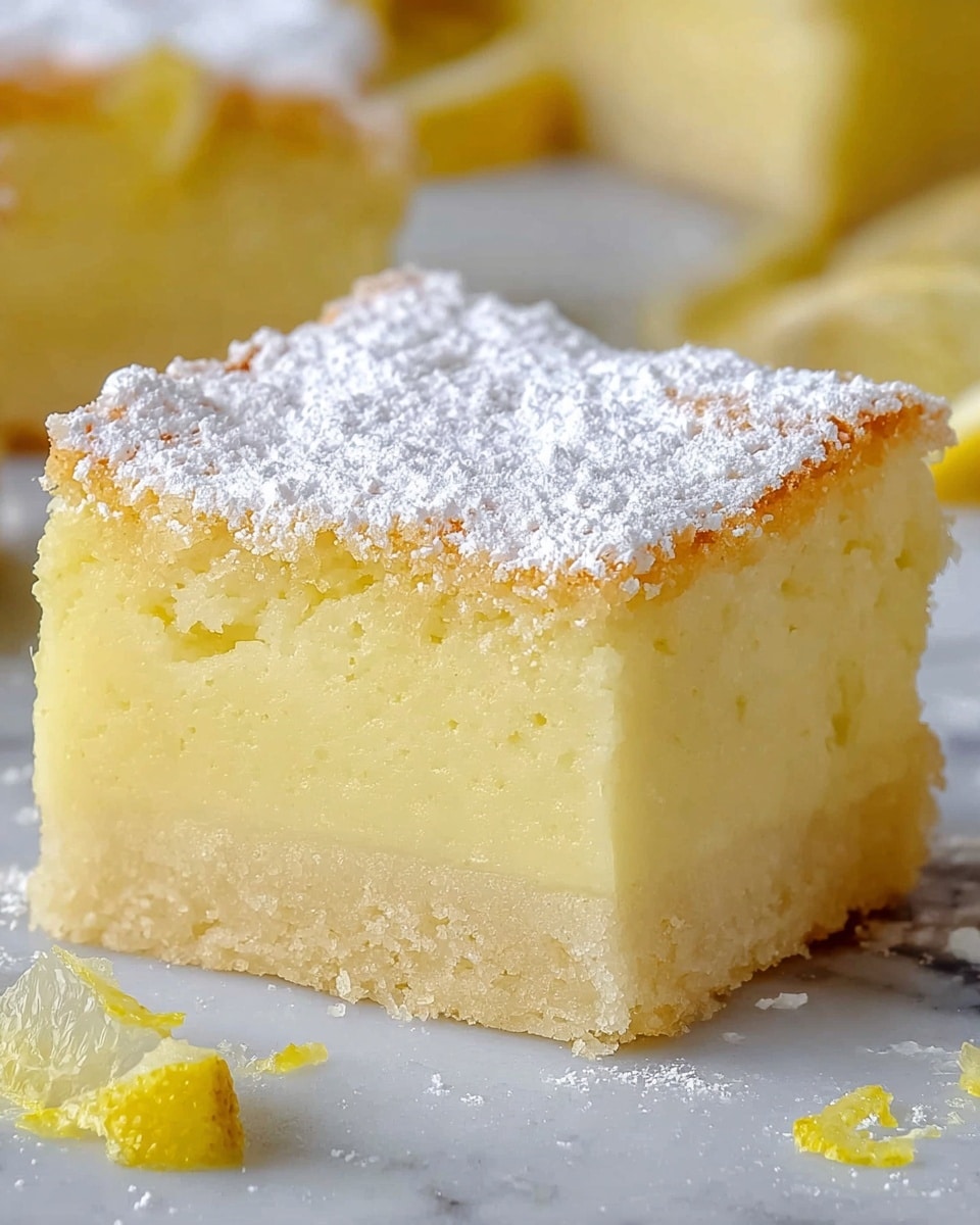 A square piece of lemon bar with two layers is shown on a white marbled surface: the bottom layer is thick, smooth, and pale yellow with a soft texture, while the top layer is thinner, spongy, and a slightly darker yellow with a light dusting of powdered sugar. Small lemon zest shreds and a small lemon wedge are scattered around, adding bright yellow color accents. In the background, out-of-focus lemon bars are visible, emphasizing the main piece. Photo taken with an iphone --ar 4:5 --v 7