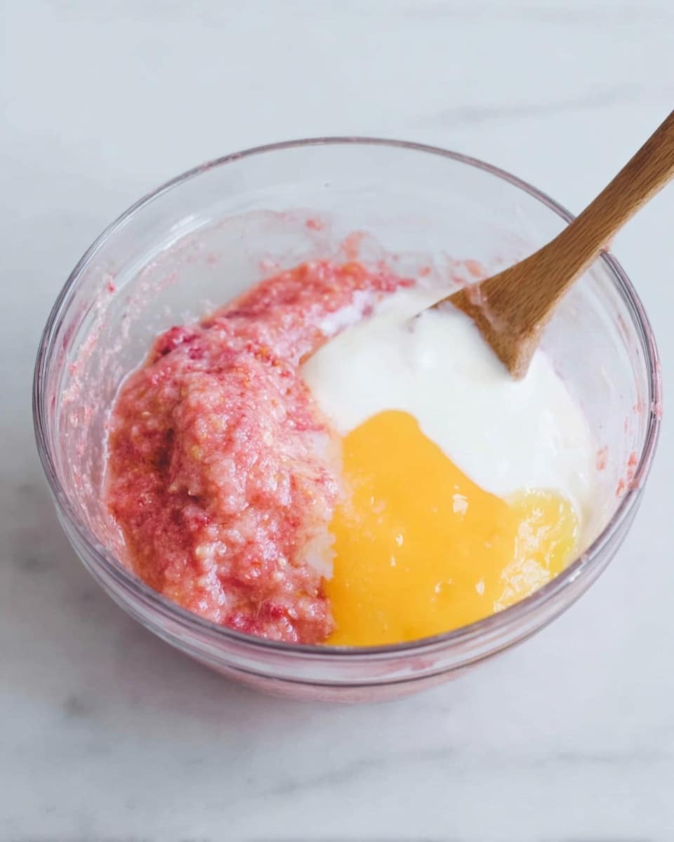 A clear glass bowl sits on a white marbled surface, filled with three main layers of mixture. At the bottom, there is a pinkish, slightly chunky layer that looks like blended fruit or puree. On top of this, on the right side, lies a smooth, shiny white layer resembling yogurt or cream. Next to this, a bright yellow layer, likely egg yolk, adds a pop of color. A wooden spoon is partially dipped into the mixture, resting on the side of the bowl. The whole setup is bright and fresh in appearance, showing the layers just before being mixed together. photo taken with an iphone --ar 4:5 --v 7