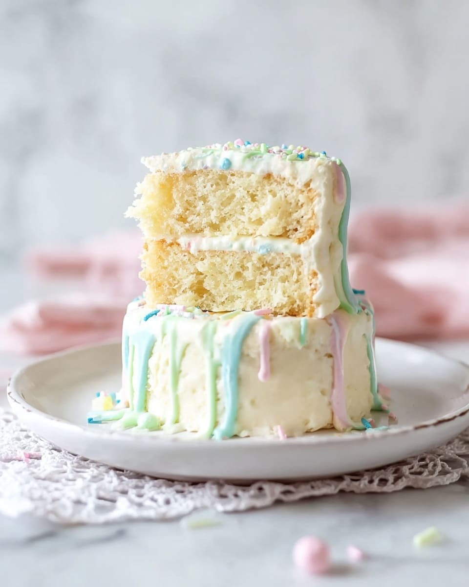 The image shows a small two-layer white cake on a white plate with a lace cloth underneath, all placed on a white marbled surface. The bottom layer is fully covered with white frosting that has pastel blue, pink, and green thin drizzles running down the sides. The top layer is cut in half to show the inside, revealing a soft, light yellow sponge cake with a thin layer of white frosting between the two sponge cake parts. Some pastel-colored sprinkles are scattered around on the plate. The photo is bright and focused on the cake with a soft, blurred white background. photo taken with an iphone --ar 4:5 --v 7