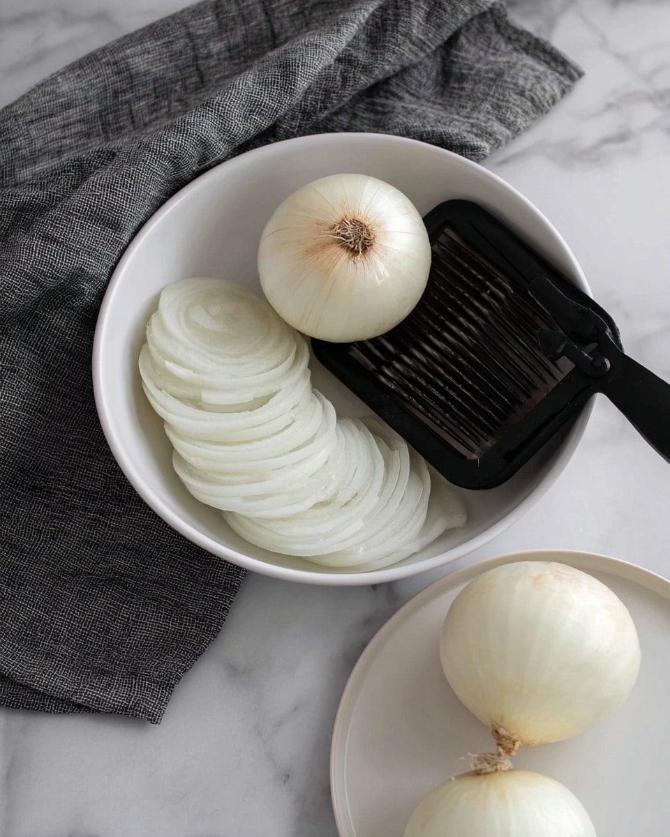 A white bowl filled with thin, round slices of white onion stacked on the left side. In the bowl, a black mandoline slicer is placed horizontally with a whole peeled white onion resting on it, ready to be sliced. Next to the bowl, on a white plate, sits another whole peeled white onion. The scene is set on a white marbled surface with a folded gray cloth above the bowl. Photo taken with an iphone --ar 4:5 --v 7