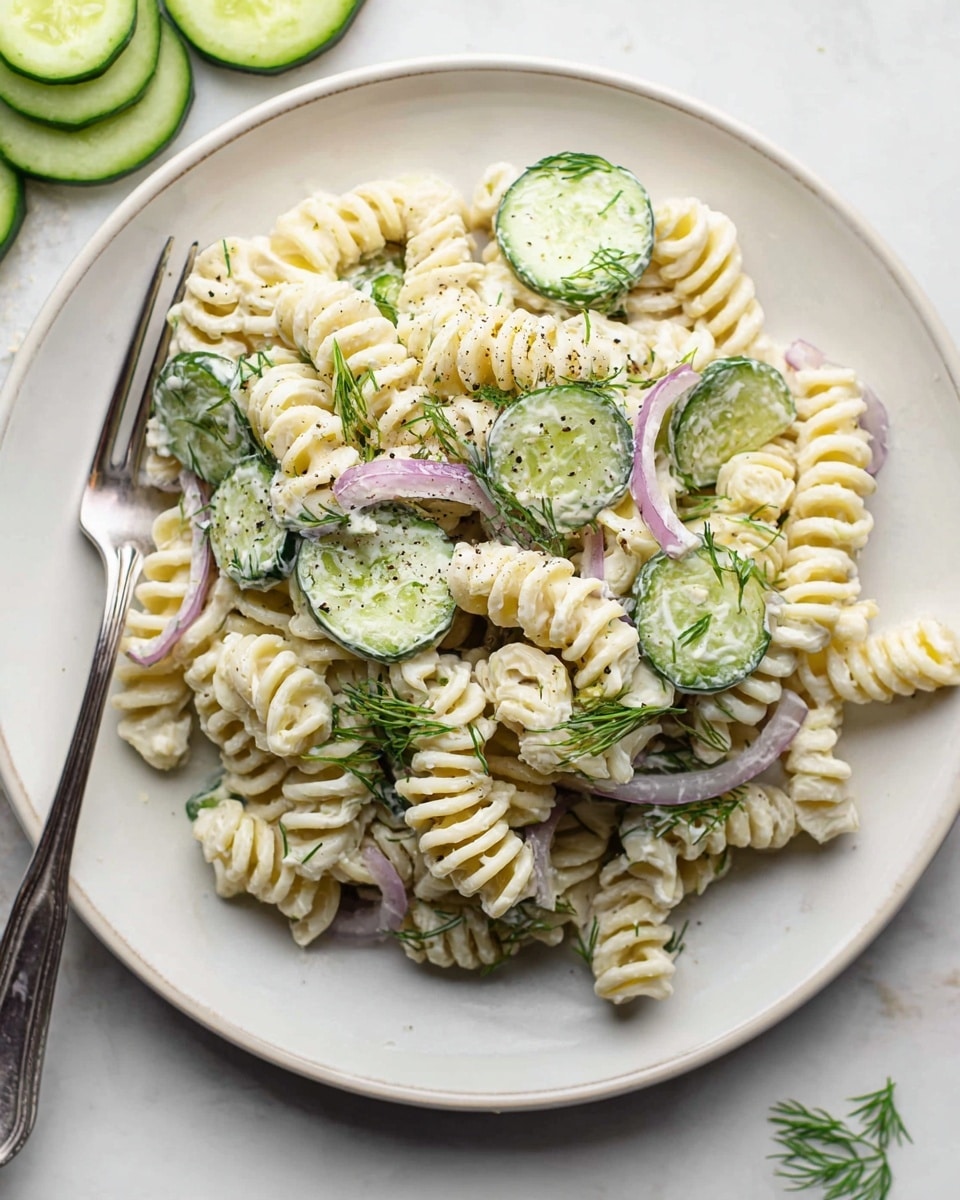 A white plate holds a pasta salad made of light cream-colored spiral pasta as the base layer, mixed with evenly sliced green cucumbers and thin, curved purple onion rings spread throughout. Small green dill leaves are sprinkled on top and throughout the salad, adding spots of fresh color. The surface of the salad has a light creamy coating with some visible black pepper sprinkled over it. A silver fork rests partly on the plate edge at the bottom left. The plate is set on a white marbled surface with cucumber slices and green herbs faintly visible around the edges. photo taken with an iphone --ar 4:5 --v 7