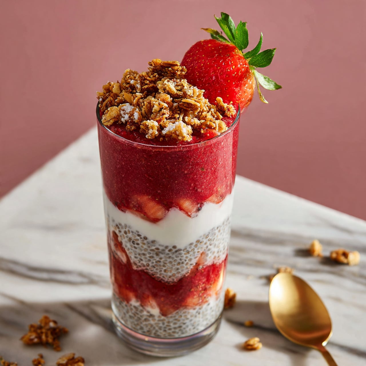 A tall clear glass with a layered dessert showing five layers that alternate between white chia pudding with visible chia seeds and deep red strawberry puree. The top layer is strawberry puree covered with crunchy golden-brown granola pieces and a halved strawberry with green leaves on the side. The glass is placed on a white marbled surface with some granola pieces scattered around it, and a gold spoon is partially visible on the right side. The background is a soft pink color. Photo taken with an iphone --ar 4:5 --v 7