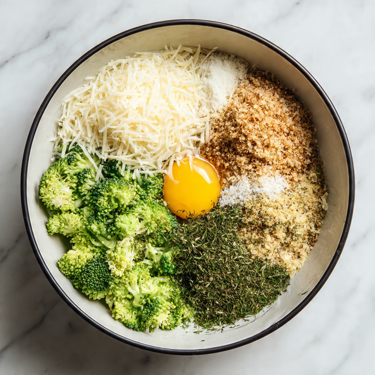 A white bowl with a black rim sits on a white marbled surface containing six separate layers of ingredients. In the lower half, there is a large amount of chopped bright green broccoli. To the left of that is a pile of shredded white cheese. Above the broccoli and cheese is a mound of light brown breadcrumbs. In the center of the bowl, spreading slightly into neighboring ingredients, is a pile of dried green herbs. Dark yellow and light tan granules, likely seasonings, are placed between the cheese and breadcrumbs. On the right side of the bowl, a single raw egg yolk rests on a clear and shiny egg white. photo taken with an iphone --ar 4:5 --v 7