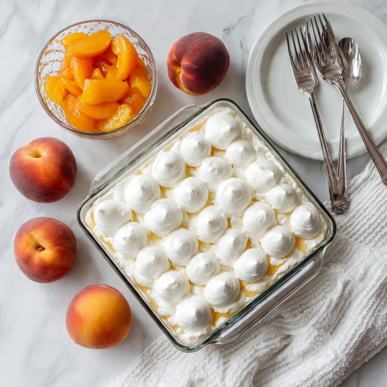 A clear square glass dish filled with a creamy white dessert topped with three neat rows of round whipped cream dollops arranged evenly in five columns. To the top left is a small glass bowl of sliced peaches in syrup, showing a rich orange and yellow texture. Three whole peaches, deep red-orange with soft fuzz, are placed around the dessert. At the top center is a white plate holding two silver forks crossed, and a silver serving spoon lies diagonally at the bottom right on a white cloth. All items rest on a white marbled surface. Photo taken with an iphone --ar 4:5 --v 7