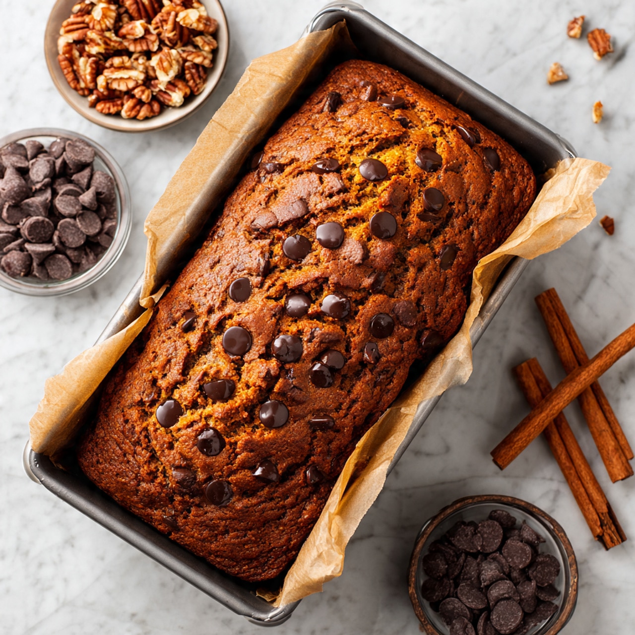 A loaf of pumpkin bread sits inside a metal baking pan lined with parchment paper, topped with many large round dark chocolate chips and scattered chopped pecans. The pumpkin bread has a warm orange-brown color with a rough texture on top, showing some cracks and uneven surface. Around the pan, there are small bowls filled with chocolate chips and chopped pecans, with two cinnamon sticks nearby. Everything is placed on a white marbled surface. photo taken with an iphone --ar 4:5 --v 7