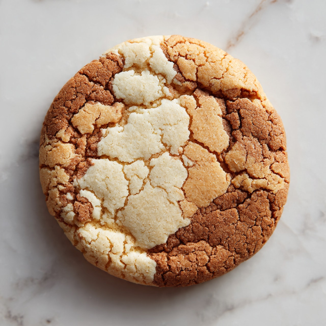 A single round cookie is placed on a white marbled surface. The cookie has two main color layers mixed together: light beige and medium brown, with the brown mostly circling the edges and the light beige dominating the center, creating a marbled effect. The texture looks slightly cracked and soft in the middle, while the edge appears a bit firmer. Photo taken with an iphone --ar 4:5 --v 7
