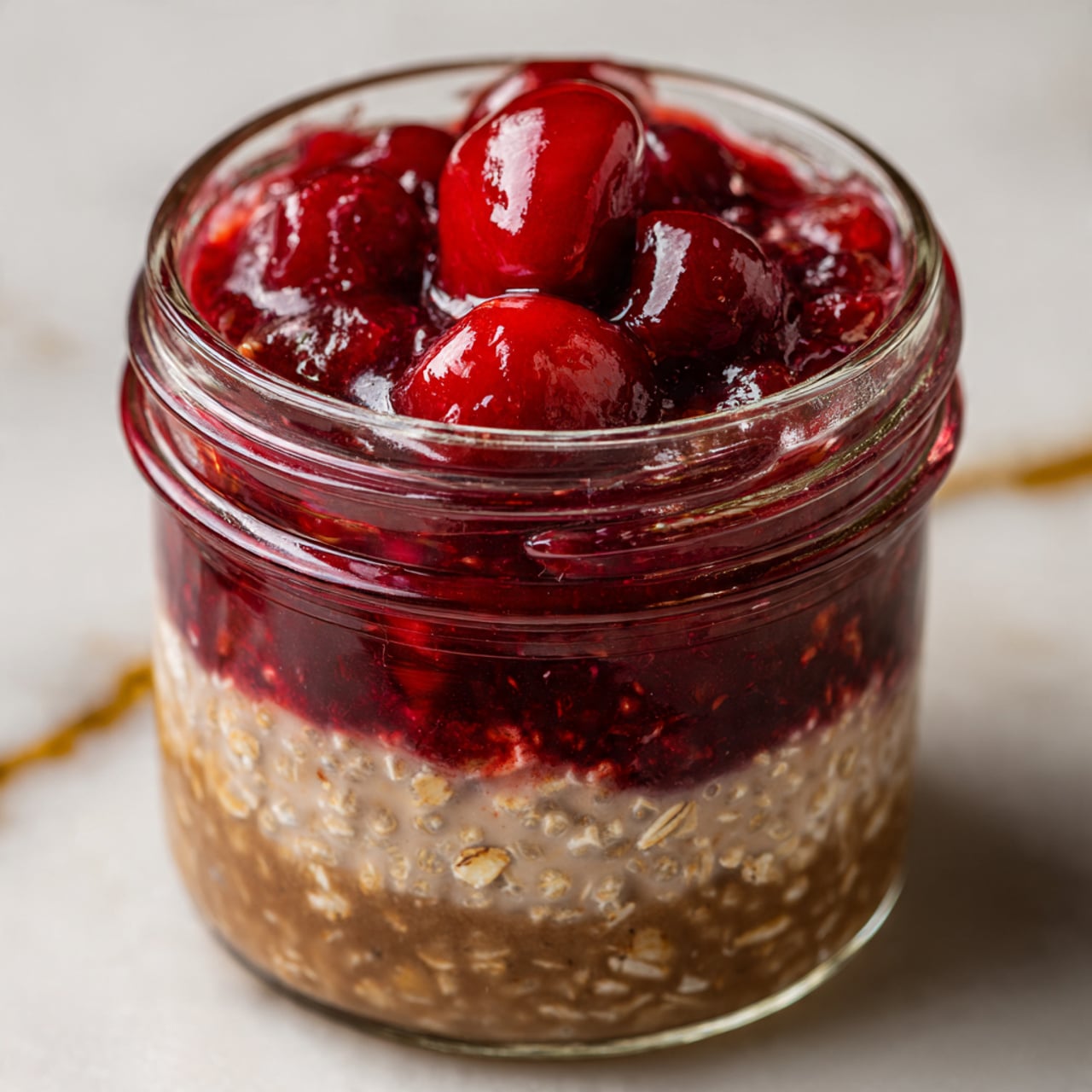 The image shows a clear glass jar filled with three clear layers. The bottom and middle layers are thick and brown with visible oat flakes mixed in, creating a textured look. Between these two brown oat layers is a thin layer of deep red cherry filling with visible cherry pieces. The top layer is a glossy, rich red cherry sauce with whole cherries embedded, creating a shiny surface. The jar sits on a white marbled texture with a gold vein running beneath it. photo taken with an iphone --ar 4:5 --v 7