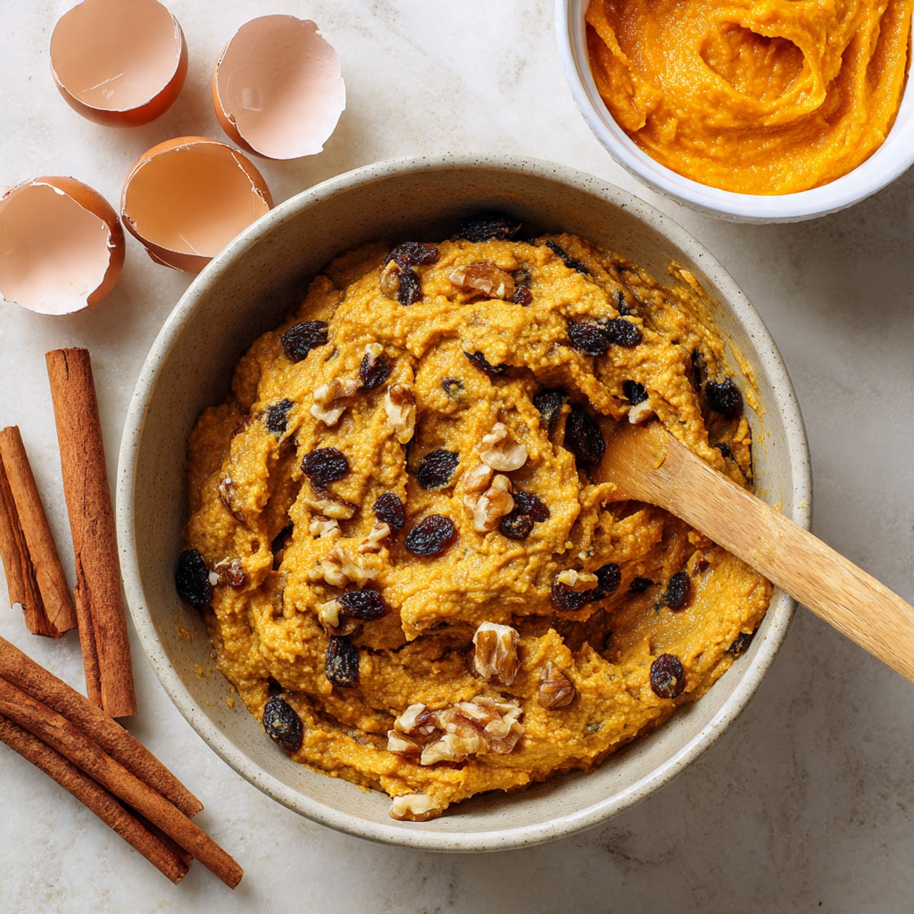 A close-up view of a light gray bowl filled with thick, orange pumpkin batter mixed with dark raisins and nuts. A wooden spoon is partially submerged in the batter on the right side. Nearby, a small white bowl of smooth, bright orange pumpkin puree sits at the top edge, with light brown cracked eggshells next to it. Three cinnamon sticks lie to the left on a white marbled surface. The overall colors are warm and autumnal with textured creamy batter and smooth puree. Photo taken with an iphone --ar 4:5 --v 7