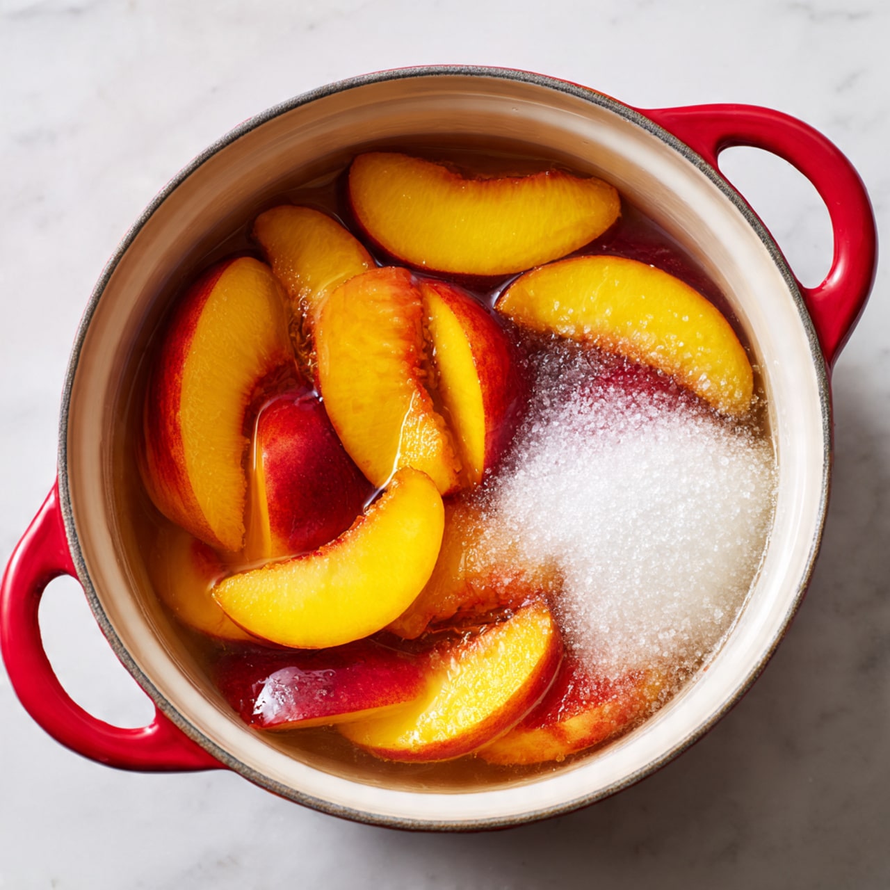 A white pot with a red handle is filled with several thick slices of yellow and red-skinned peaches. The slices are arranged in layers and partially covered with a heap of white granulated sugar on the right side. The peach slices show soft, velvety textures and bright, warm colors. All the contents rest in clear liquid that fills the pot almost to the top. The pot sits on a white marbled surface. photo taken with an iphone --ar 4:5 --v 7