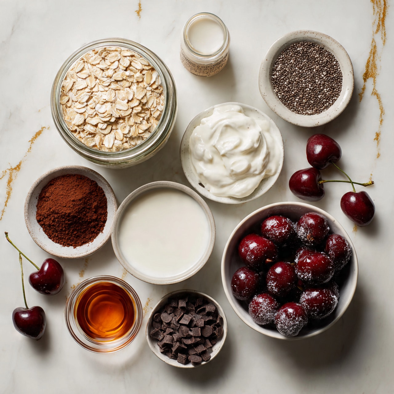 A top view of different ingredients arranged neatly on a white marbled surface with gold streaks. There is a glass jar filled with light brown rolled oats, a small white plate with dark brown chia seeds, a small glass of white milk, a white bowl with dark brown cocoa powder, a white plate with small dark brown chocolate chips, a small glass bowl with white creamy yogurt, a small glass bowl with a dark amber liquid, a small glass bowl with a tiny brown bottle, and a white bowl filled with dark red cherries, some frosted and some fresh, with a few cherries scattered around the bowls. photo taken with an iphone --ar 4:5 --v 7