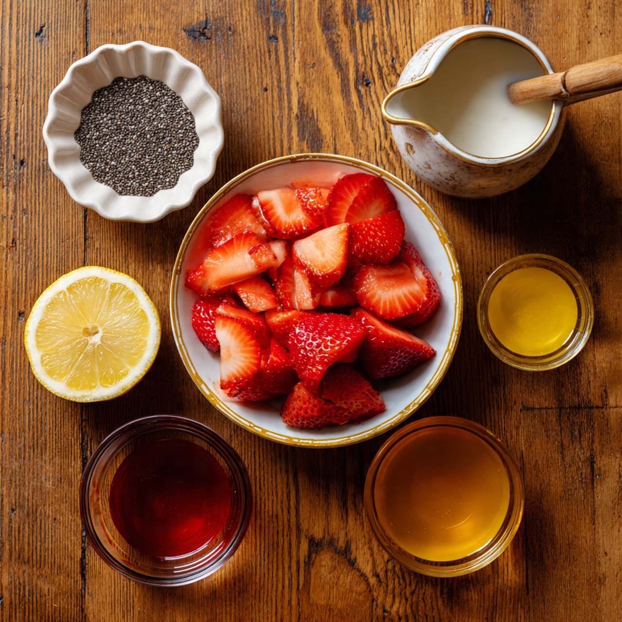 The image shows six small bowls and a half lemon arranged on a wooden surface. The largest bowl in the center contains bright red, sliced strawberries with a shiny surface and a white rim with gold trim. To the top right, a small white bowl with a gold rim and wooden handle holds a white liquid. On the top left, a small white scalloped bowl filled with tiny black and white chia seeds. Below the chia seeds is a half lemon with a yellow rind and a pale juicy interior. Directly below the lemon, a small clear glass bowl contains a dark reddish-brown liquid, and to its right, a smaller clear glass bowl holds a golden amber liquid. The image is well-lit and clear, taken from above, photo taken with an iphone --ar 4:5 --v 7