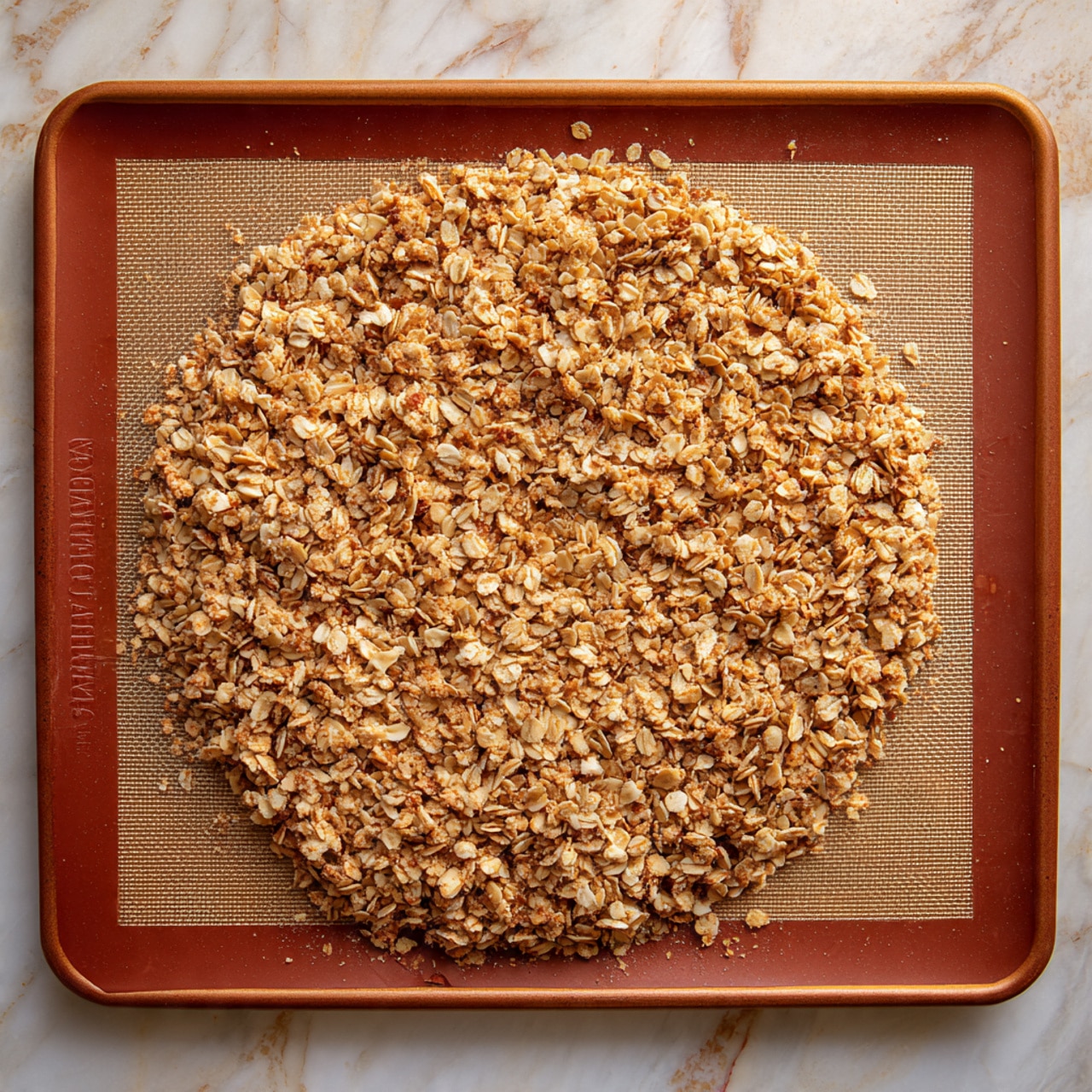 A single layer of granola spread out in a rough circle on a baking sheet lined with a brown silicone mat. The granola mix is light to medium brown with visible rolled oats mixed with small, light-colored chunks that look like pieces of fruit or nuts. The texture is dry and loose with a few scattered oats around the edges. The baking sheet has a well-used look with a reddish-brown color and text printed on the mat. The background shows a white marbled texture. photo taken with an iphone --ar 4:5 --v 7
