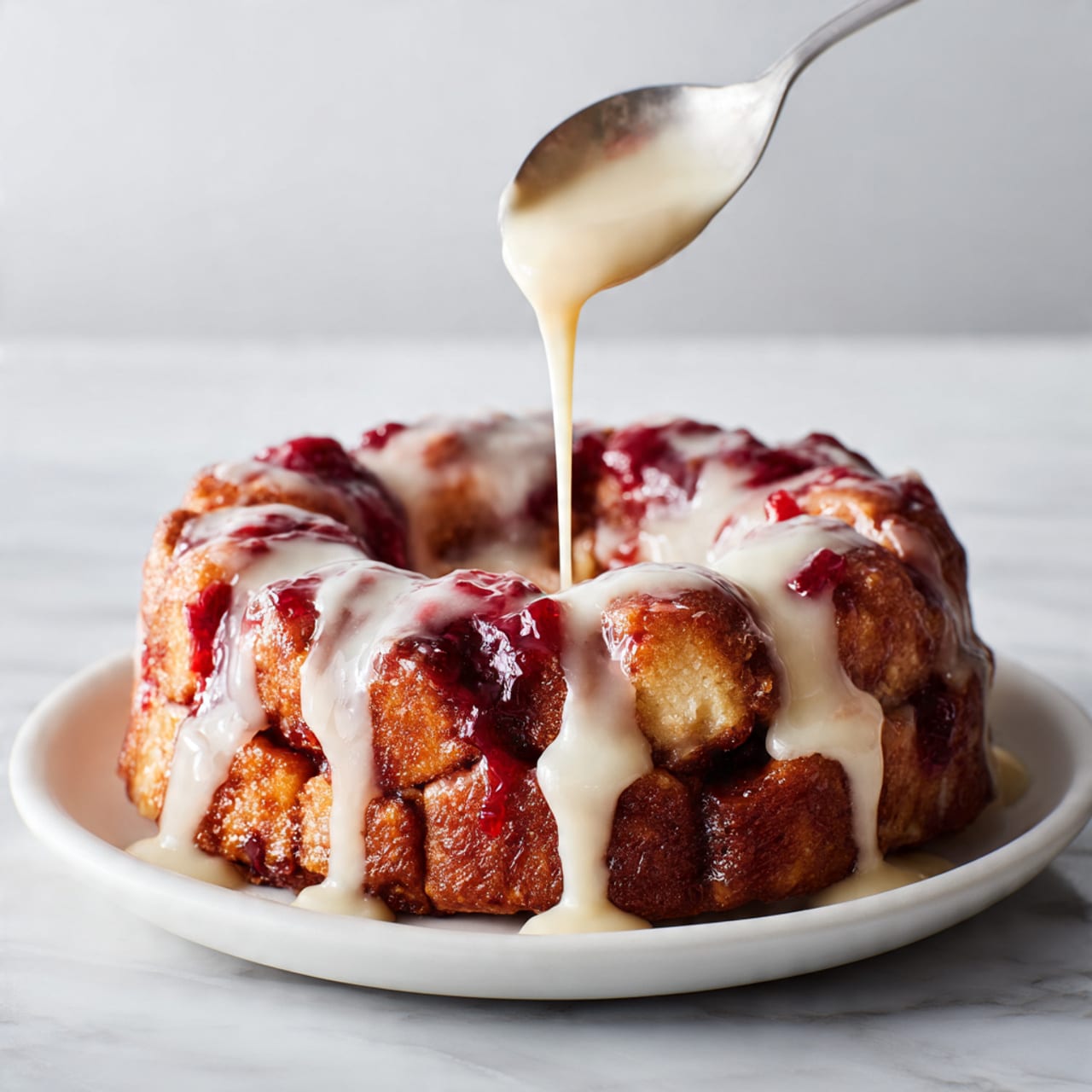 A round monkey bread ring sits on a white plate on a white marbled surface, showing golden brown sections of soft dough with a darker red berry glaze layered between and on top. A thick, creamy white icing is being poured from a spoon above, draping over the top and sides of the bread, adding a smooth, shiny texture. The background is simple and white, with a soft focus, emphasizing the rich colors and textures of the bread and glaze. Photo taken with an iphone --ar 4:5 --v 7