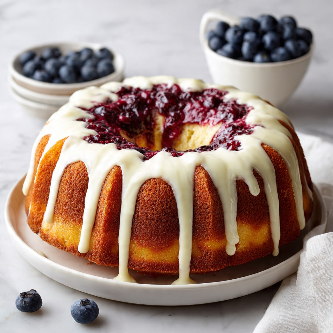 A round bundt cake with a golden-brown base layer showing a soft texture is topped with a thick layer of dark red berry filling that peeks through the cake’s edges in uneven patches. Over the top, white creamy icing drips down in thick streams, covering the top surface and some sides partially. The cake sits on a simple white plate, placed on a white marbled surface. In the background, there is a white bowl filled with fresh blueberries, some scattered around the plate, and a white cloth partially visible on the right side. Photo taken with an iphone --ar 4:5 --v 7