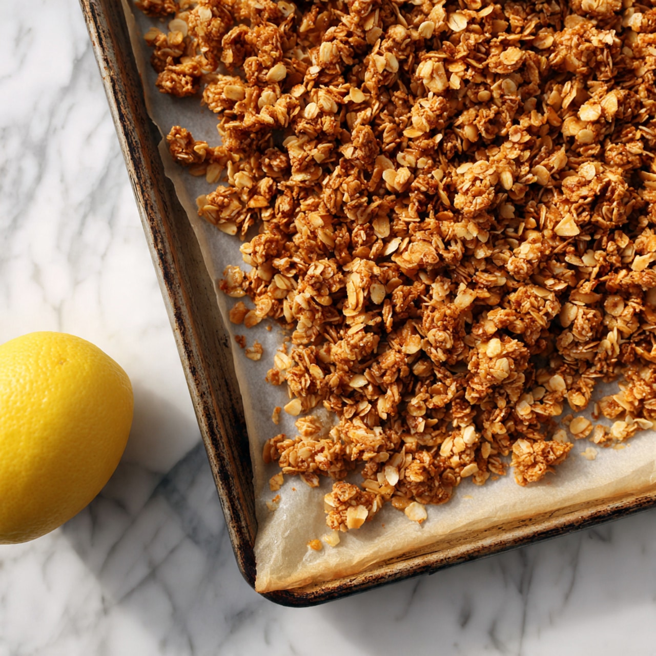 A beige bowl filled with a layer of smooth white yogurt covering the bottom and left side, topped with a layer of golden-brown granola scattered across the right side with some clusters and oat flakes visible. Small cube pieces of light yellow apple are spread evenly on top of the granola. Two cinnamon sticks rest diagonally on the granola, crossing near the top right section of the bowl. The bowl sits on a white marbled surface next to a brown textured cloth and a silver spoon sticking into the bowl from the bottom left side. Photo taken with an iphone --ar 4:5 --v 7