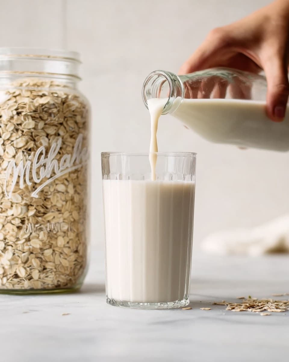 A clear glass filled with a smooth, creamy white liquid being poured from a clear glass bottle held by a woman's hand, with the liquid forming a soft stream into the glass. Behind the glass, there is a tall clear jar filled with light beige rolled oats with white writing on it. The scene is set on a white marbled surface with a soft, blurred background, giving a clean and fresh look. Photo taken with an iphone --ar 4:5 --v 7