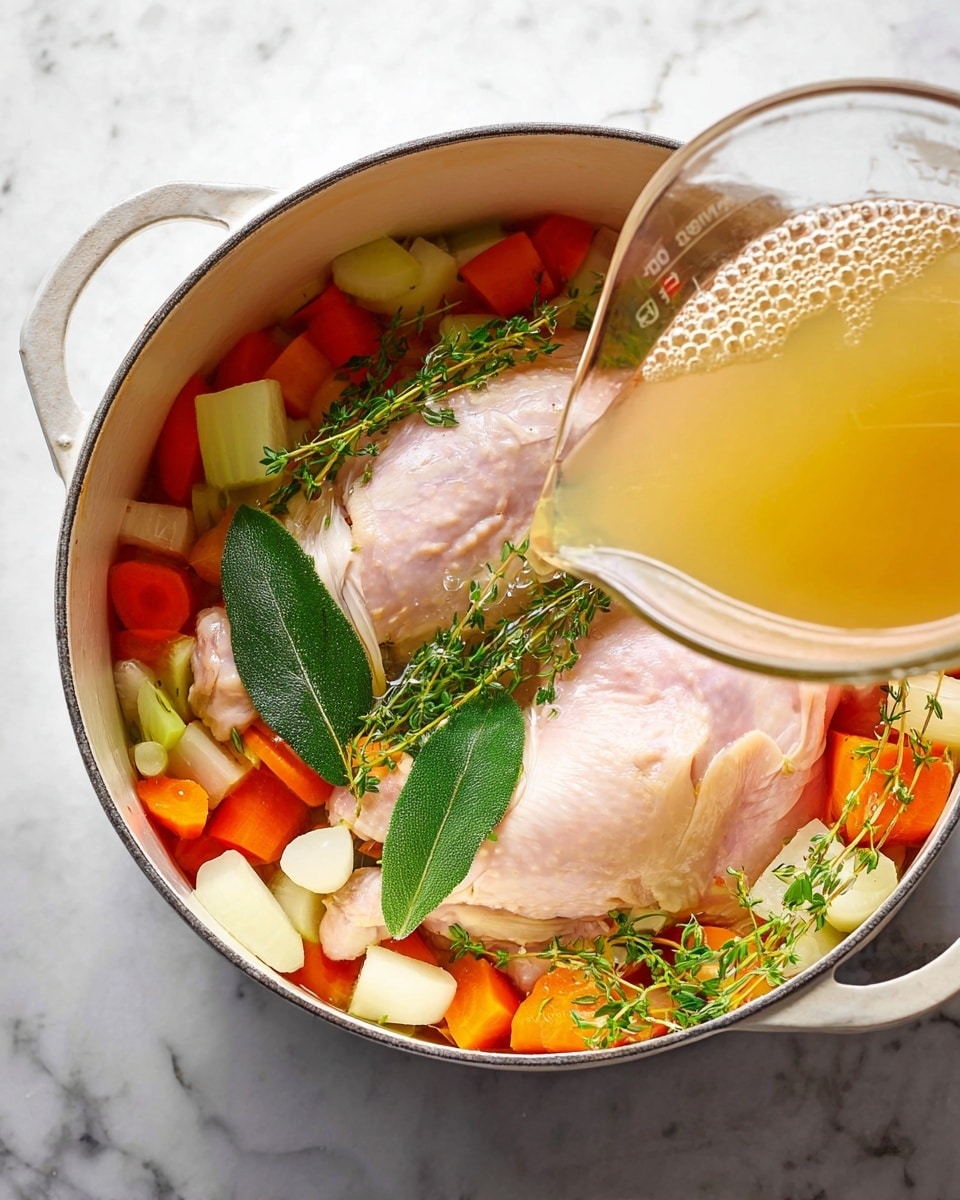 A white pot holds two large pale pink raw chicken pieces placed on top of a colorful mix of chopped orange carrots, white parsnips, and green celery. Fresh green herbs including thyme, tarragon, and a bay leaf rest on top of the chicken. A clear measuring cup pours golden broth into the pot from the right side, creating small bubbles in the liquid. The pot sits on a white marbled surface with soft natural lighting. photo taken with an iphone --ar 4:5 --v 7