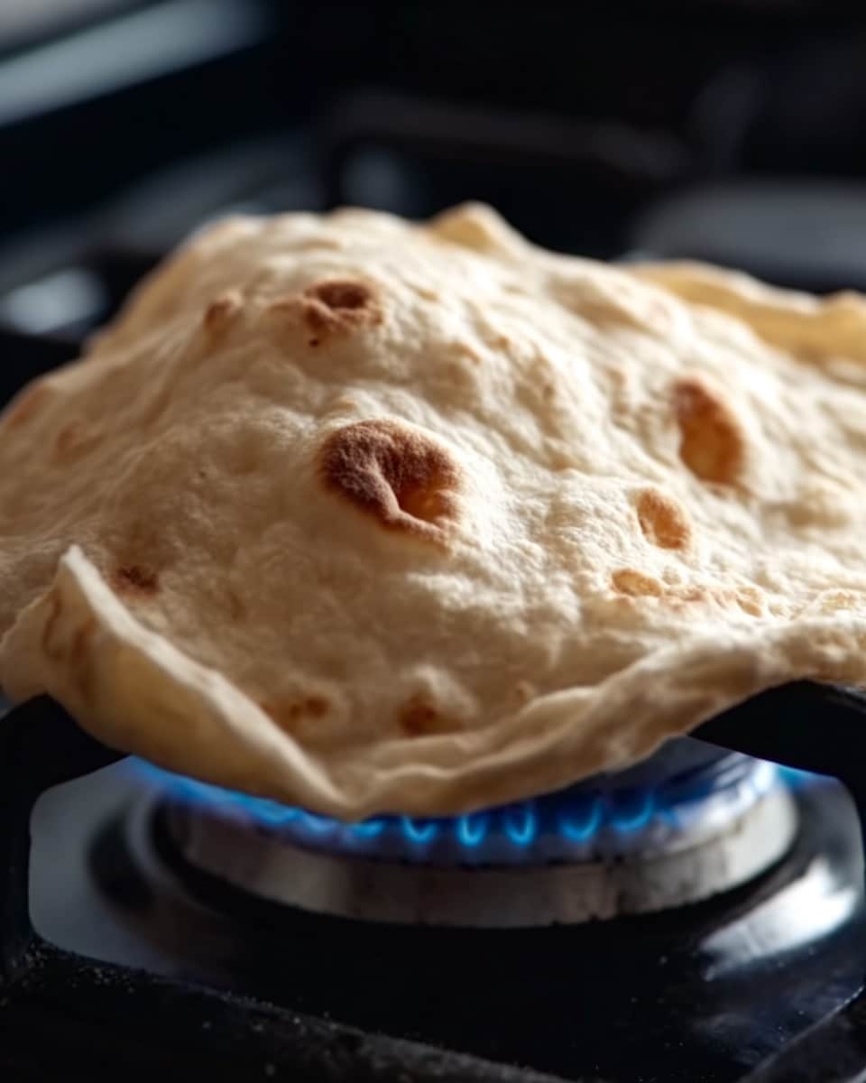 A close-up view of a single bubbly, puffed-up flatbread cooking on a black stovetop burner with a blue flame. The flatbread is light golden in color with some darker brown spots and airy bubbles that make it look soft and puffy. The edges of the flatbread lift and curl slightly over the edge of the burner, showing its thin and flexible texture. The background is dark, focused mainly on the flatbread and the metallic burner beneath. photo taken with an iphone --ar 4:5 --v 7