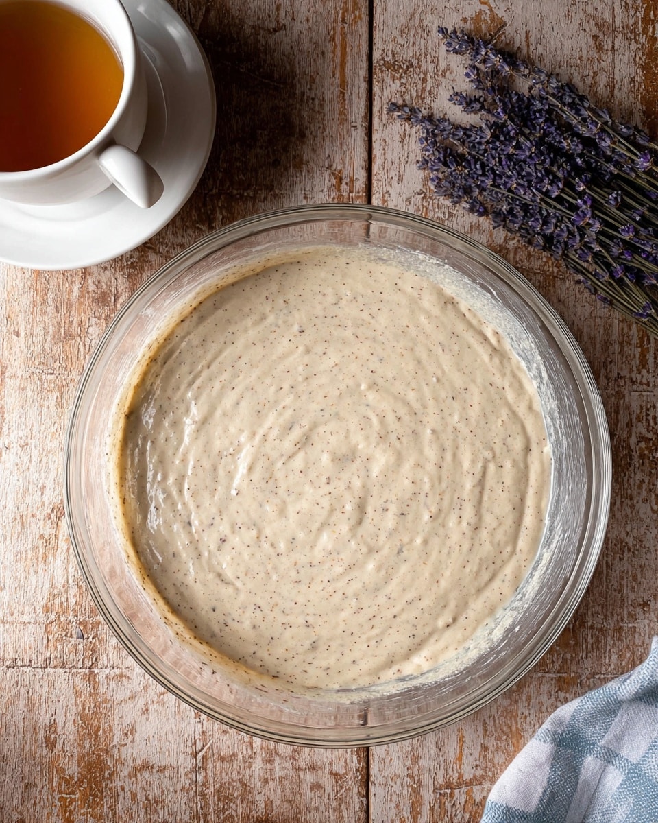 A transparent glass bowl filled with a thick, light beige batter speckled with tiny dark spots, spread evenly inside. The bowl is placed on a wooden surface with a rustic, worn texture. To the bottom left, there is a white cup and saucer holding light brown tea or coffee. On the right side, a small bunch of purple dried lavender lies on the surface. The overall scene is light and cozy with a focus on the batter in the bowl. Photo taken with an iphone --ar 4:5 --v 7