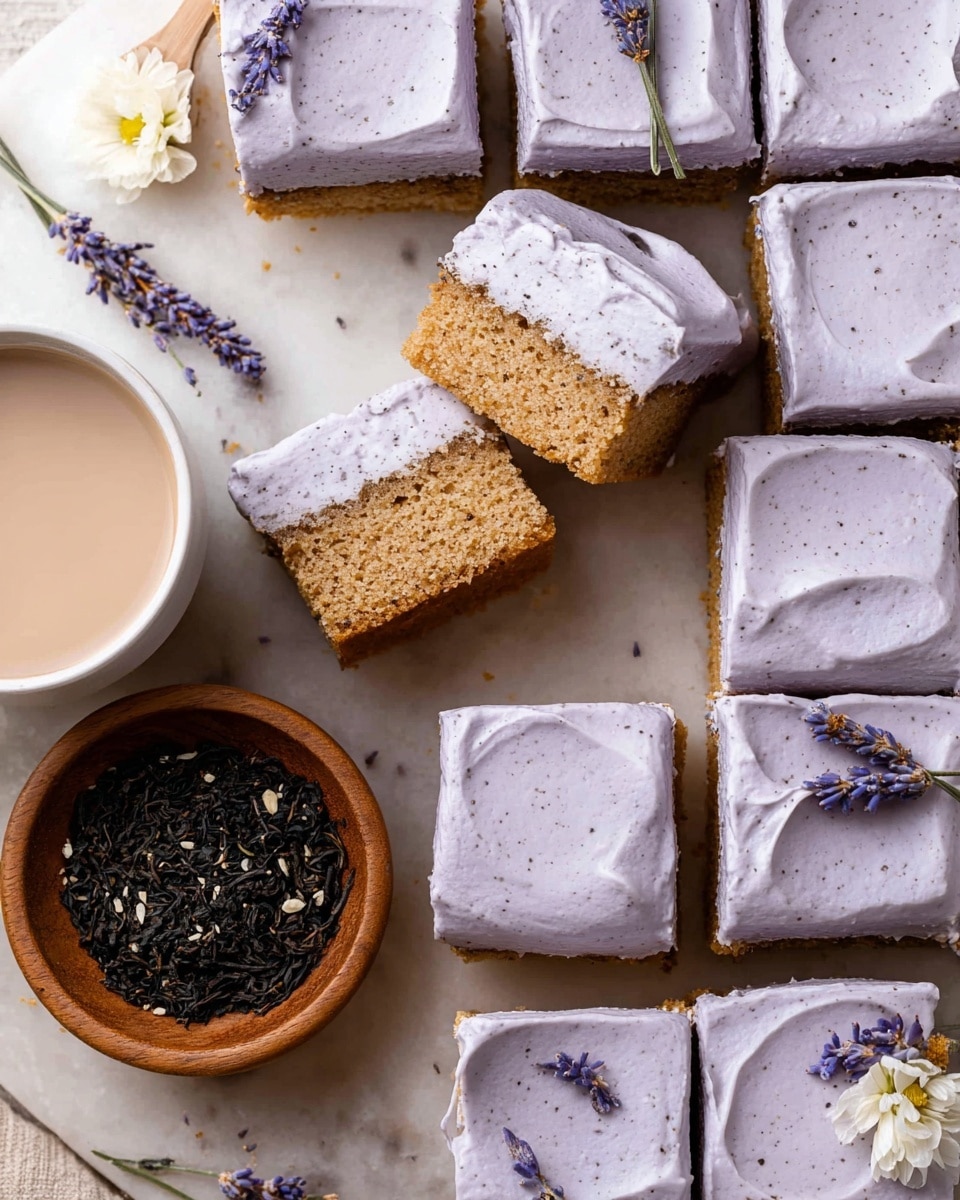 The image shows several square pieces of cake with two layers each: a light brown, soft, spongy cake layer on the bottom, and a thick layer of pale lavender frosting on top, which looks smooth with small dark specks. The cakes are arranged on a white marbled surface, with one piece lifted showing its sides clearly. Next to the cakes is a small wooden bowl filled with loose black tea leaves and a few lavender flowers on top. There is also a white cup filled with a creamy, frothy drink nearby. Some pieces of cake are decorated with small, delicate lavender sprigs and a white flower. Photo taken with an iphone --ar 4:5 --v 7