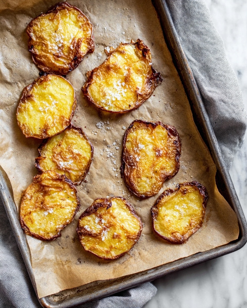Eight golden brown potato slices with crispy edges are spread out on a sheet of parchment paper placed on a metal baking tray. Each potato slice has a rough textured skin layer on top that is browned and slightly curled, while the inner potato layer is softer yellow with some golden crisp spots. Coarse salt flakes are sprinkled over several slices, adding texture and contrast. The tray sits on a white marbled surface with a soft grey cloth folded to one side. Photo taken with an iphone --ar 4:5 --v 7